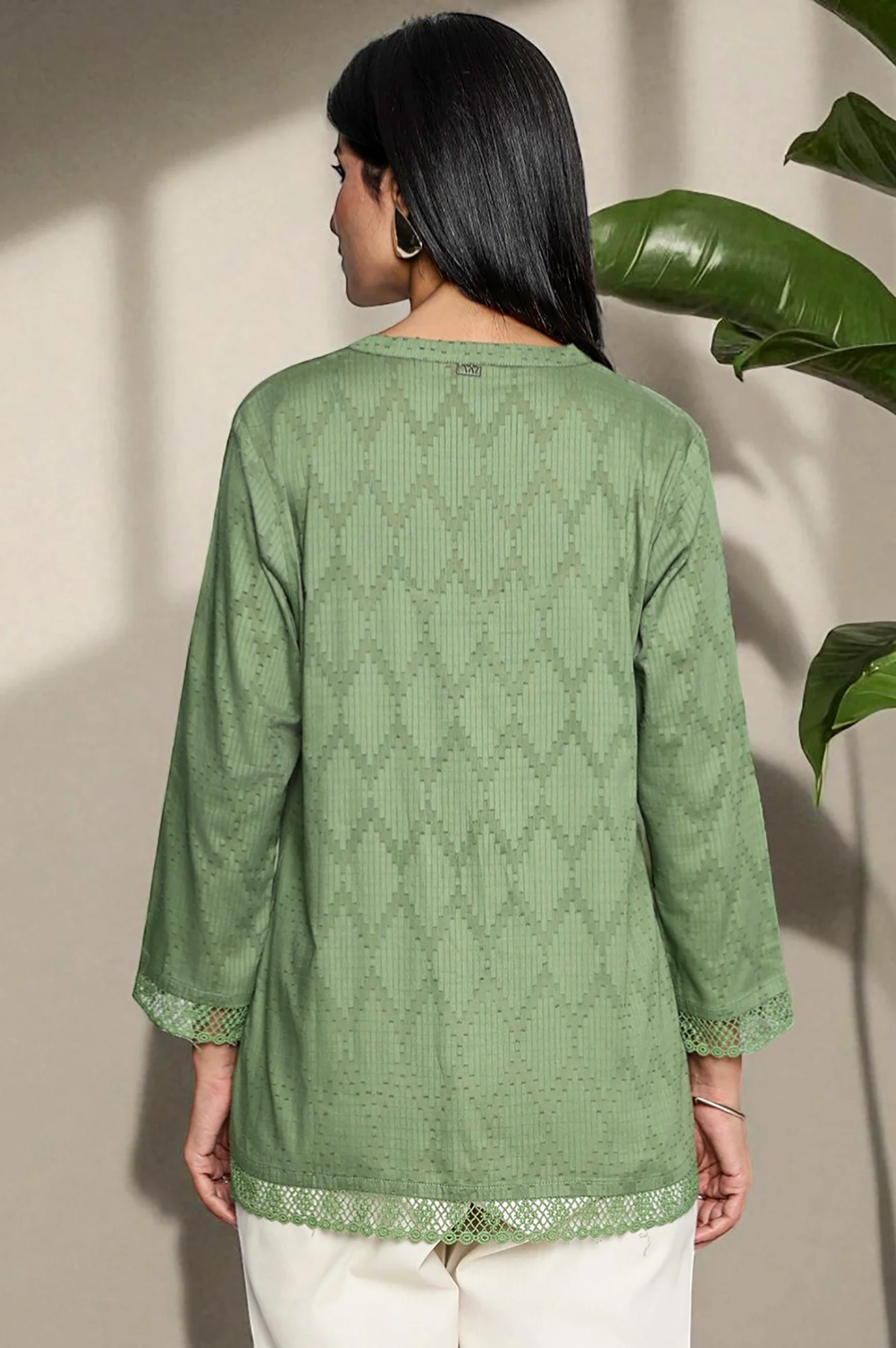 Green Yarn Dyed Printed Pure Cotton Straight Top - Image 5