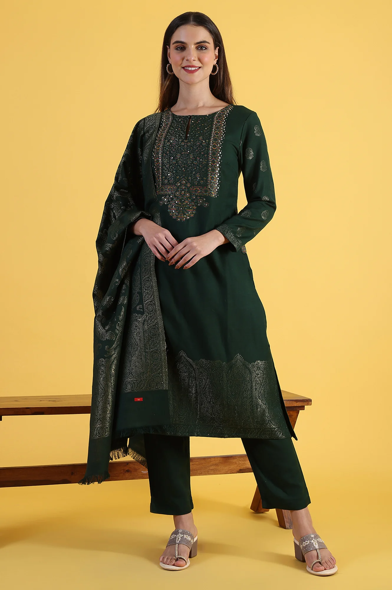 Green Yarn Dyed Sequins A-Line Kurta & Straight pant with Dupatta Set