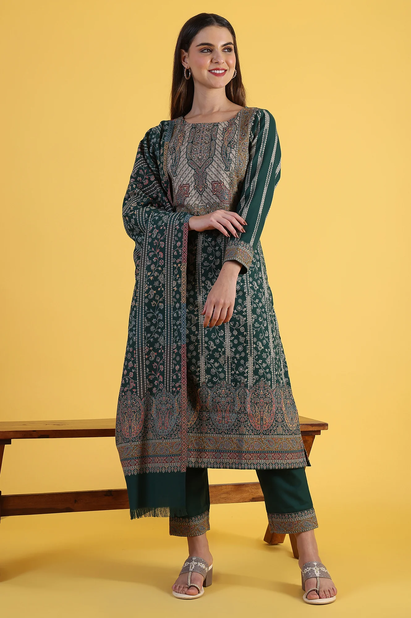 Green Yarn Dyed Sequins Straight Kurta & Straight pant with Dupatta Set - Image 2