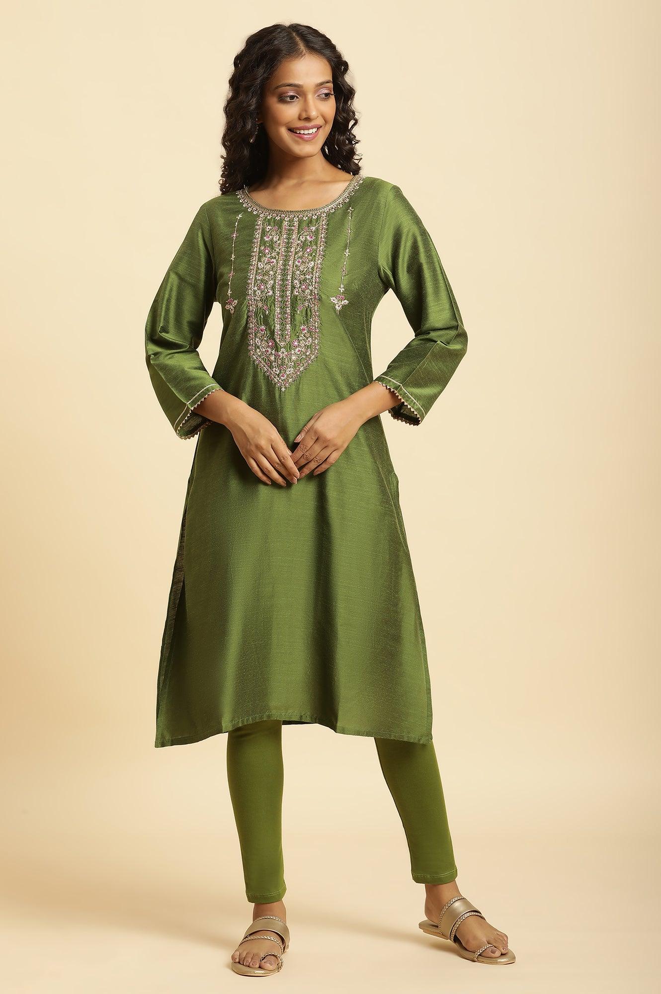 Green Zari Embroidered Festive Straight Kurta - Image 2