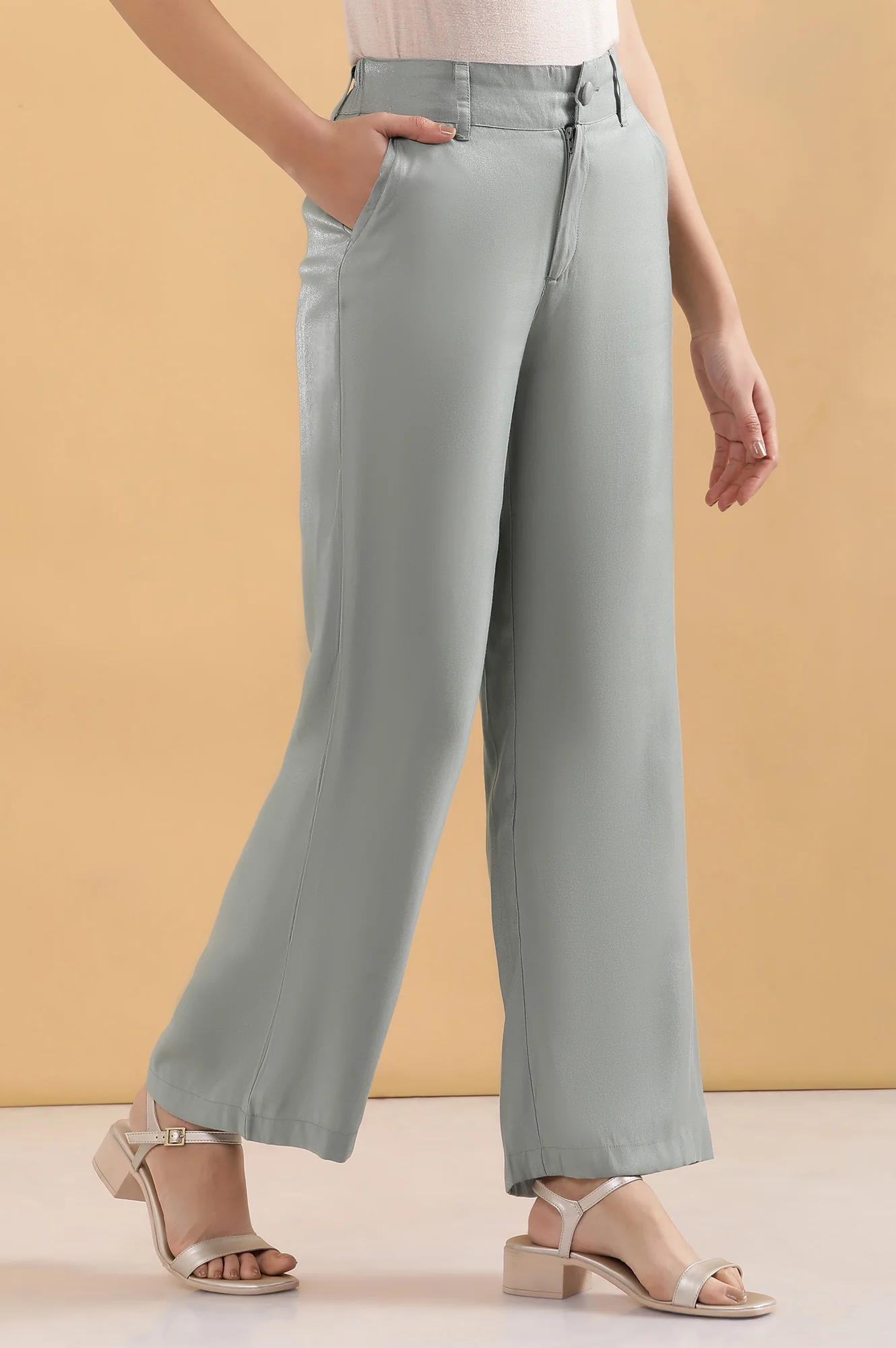 Grey Solid Straight Fit Woven Pants With Elasticated Back - Image 6