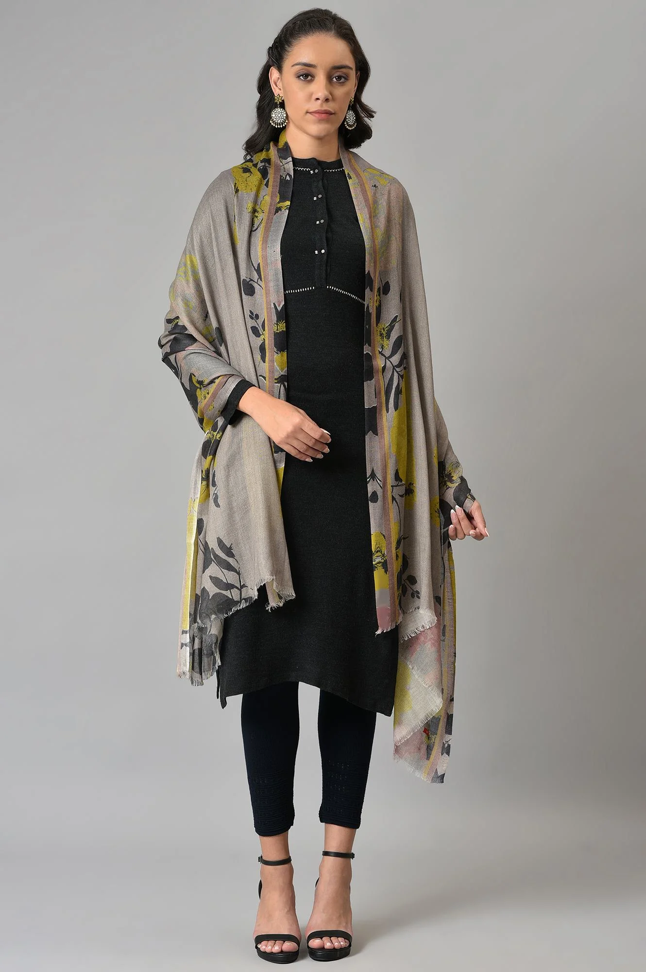 Grey Digital Floral Printed Shawl - Image 2