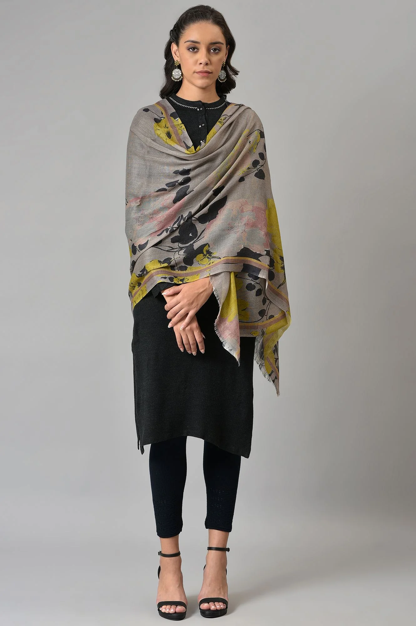 Grey Digital Floral Printed Shawl - Image 3