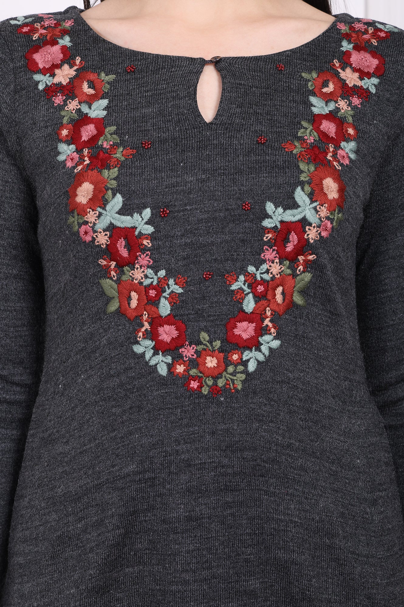 Grey Embroidered A-Line Acrylic Winter Kurta - Image 3