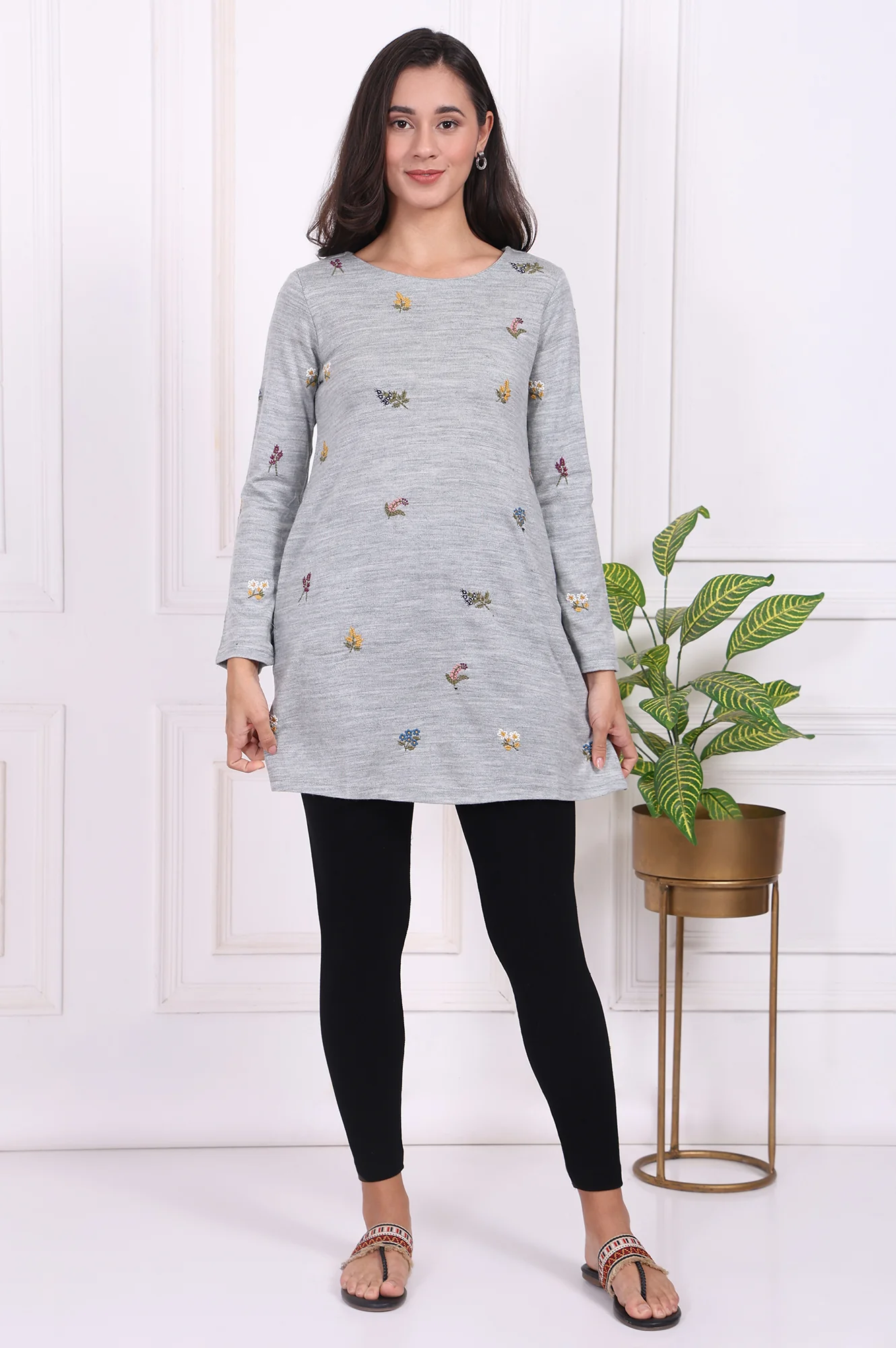 Grey Embroidered Acrylic Straight A-line Tunic - Image 2