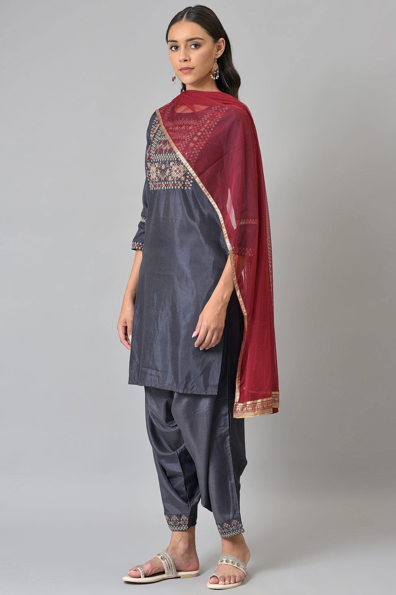 Grey Embroidered kurta, Draped Pants And Dupatta Set - Image 3