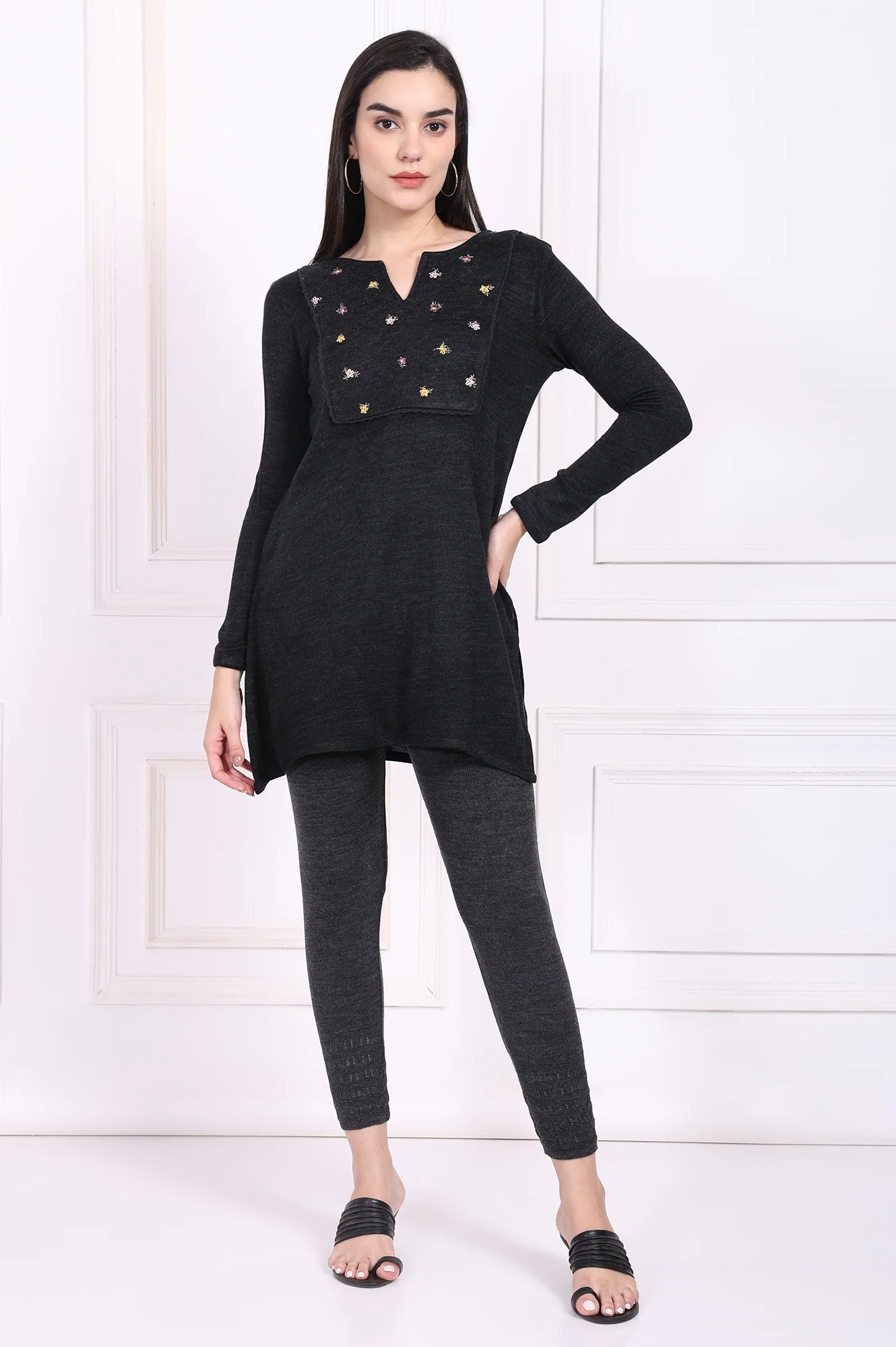 Grey Embroidered Straight Acrylic Tunic