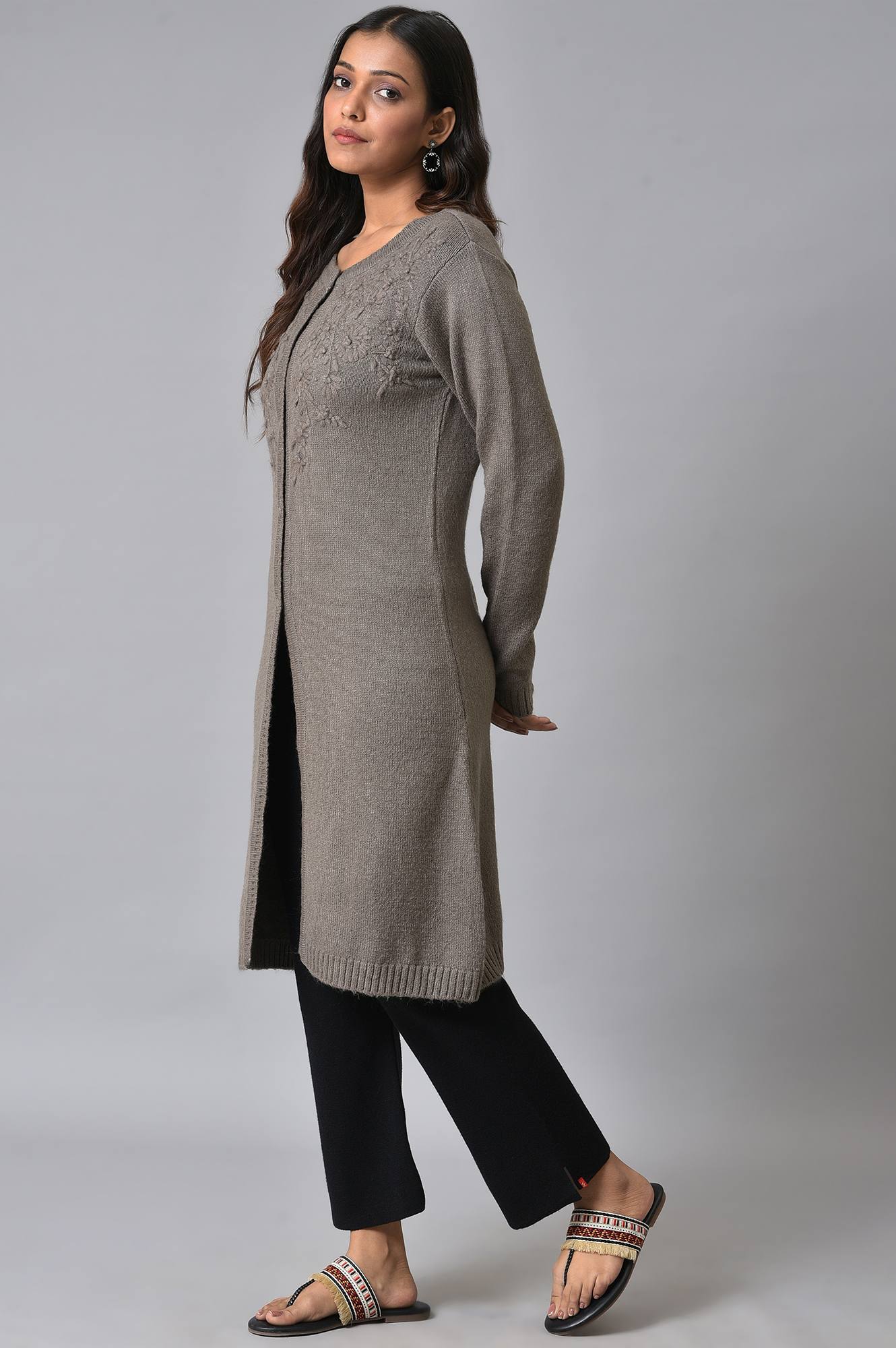 Grey Embroidered Women Cardigan - Image 3