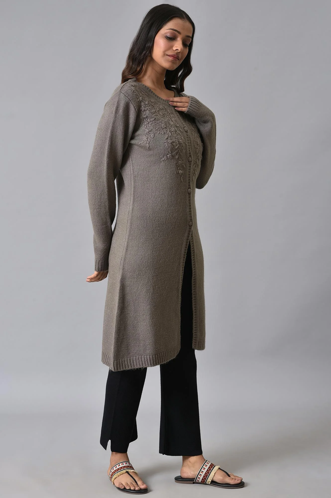 Grey Embroidered Women Cardigan - Image 4