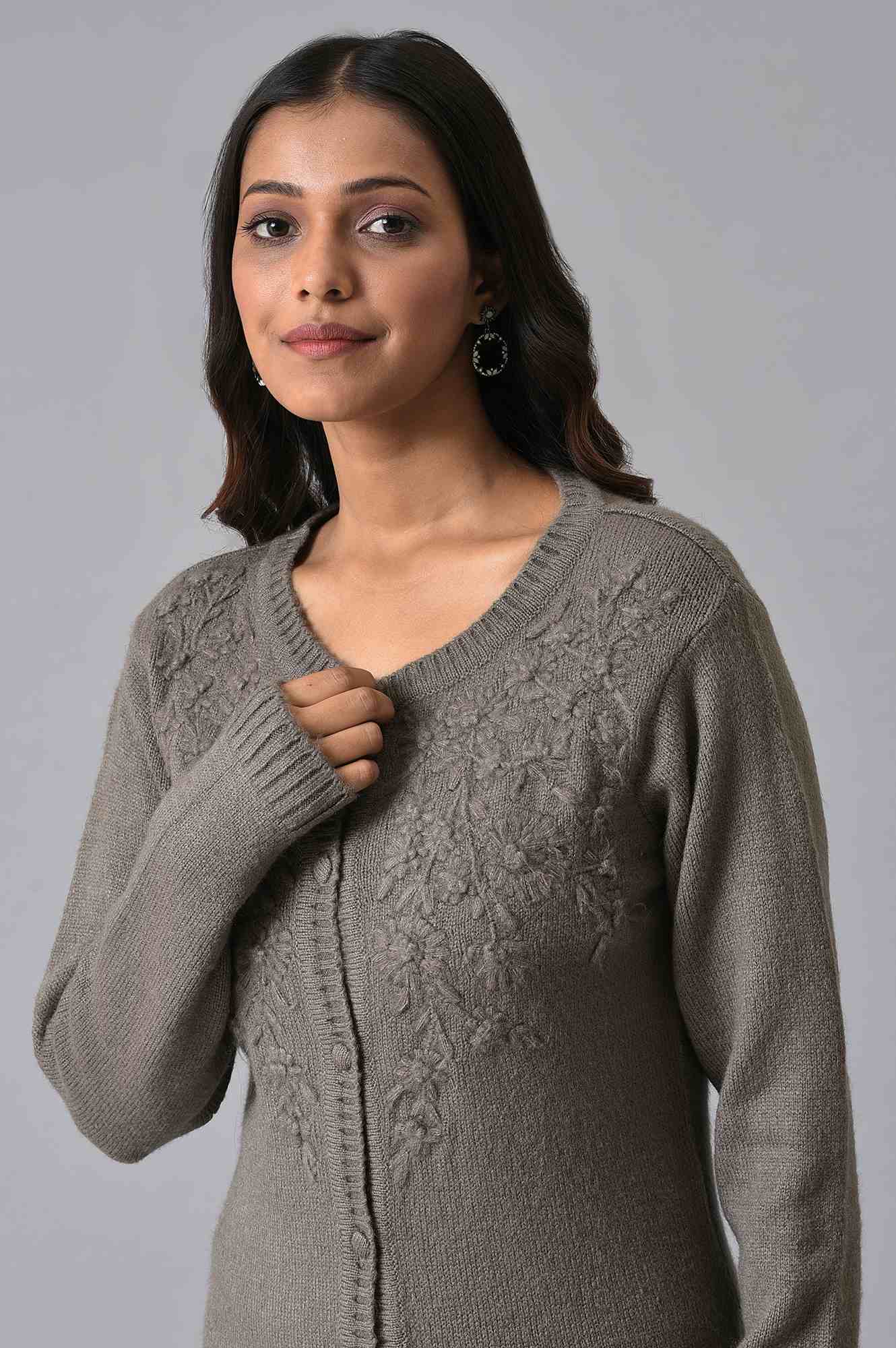 Grey Embroidered Women Cardigan - Image 5