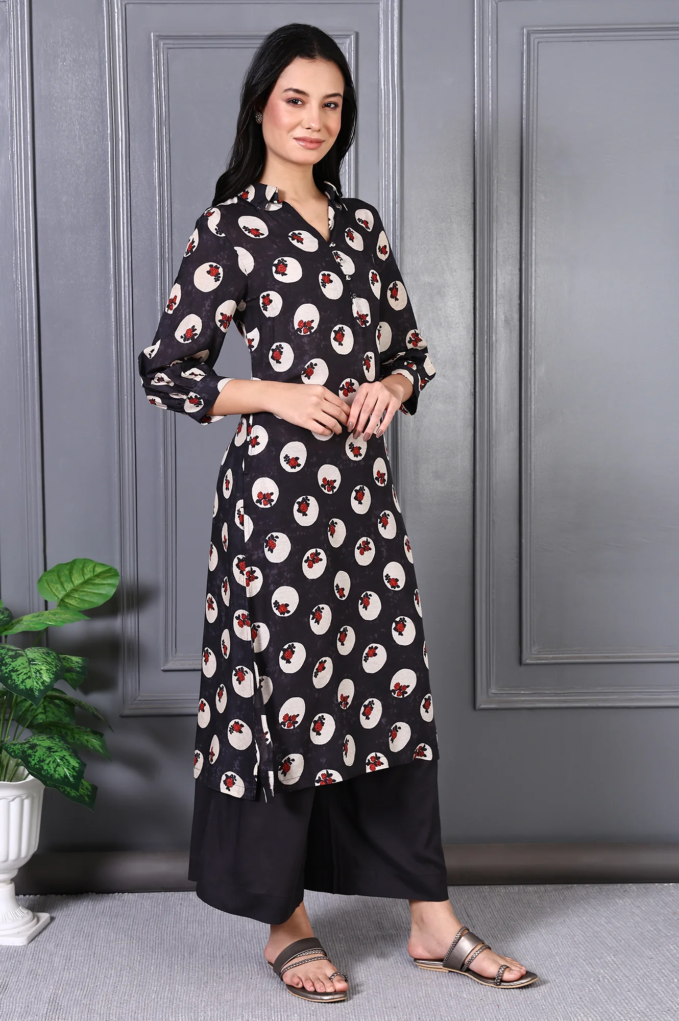 Grey Floral Printed Modal A-line Kurta and Pants Set - Image 6