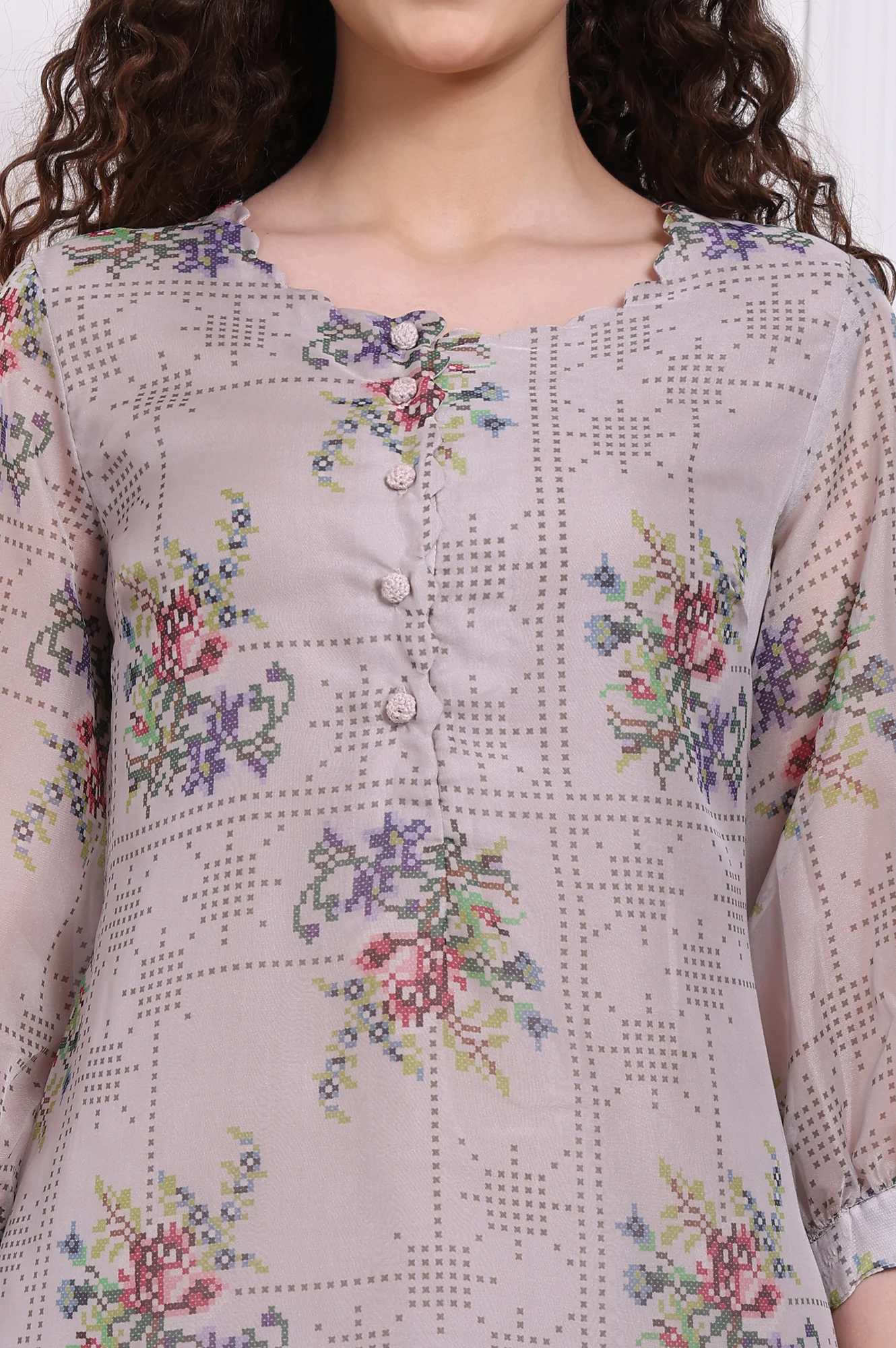 Grey Floral Printed Organza Straight Kurta and Straight Pants Set - Image 3