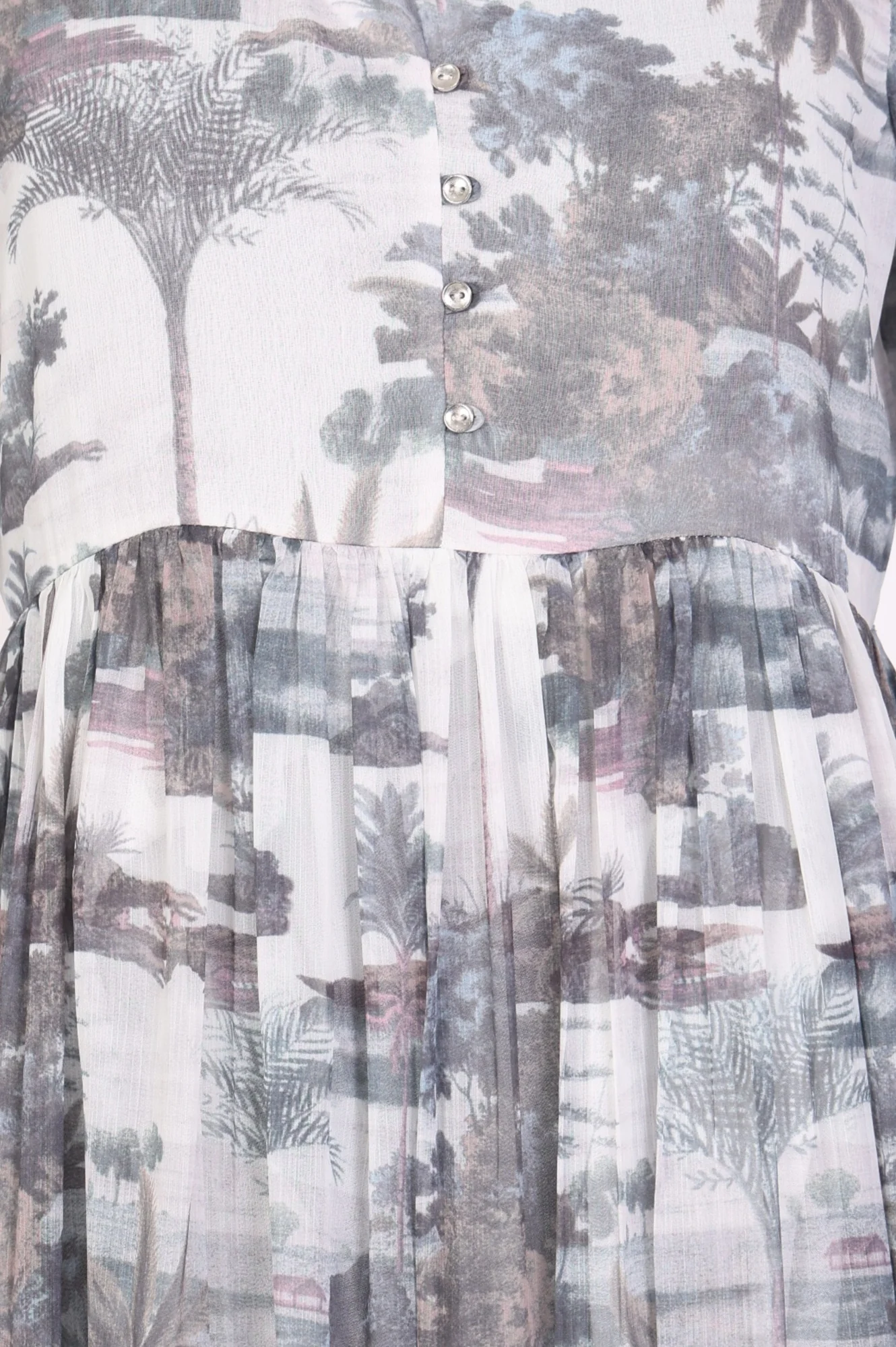 Grey Floral Printed Silver Chiffon Flared Dress - Image 3
