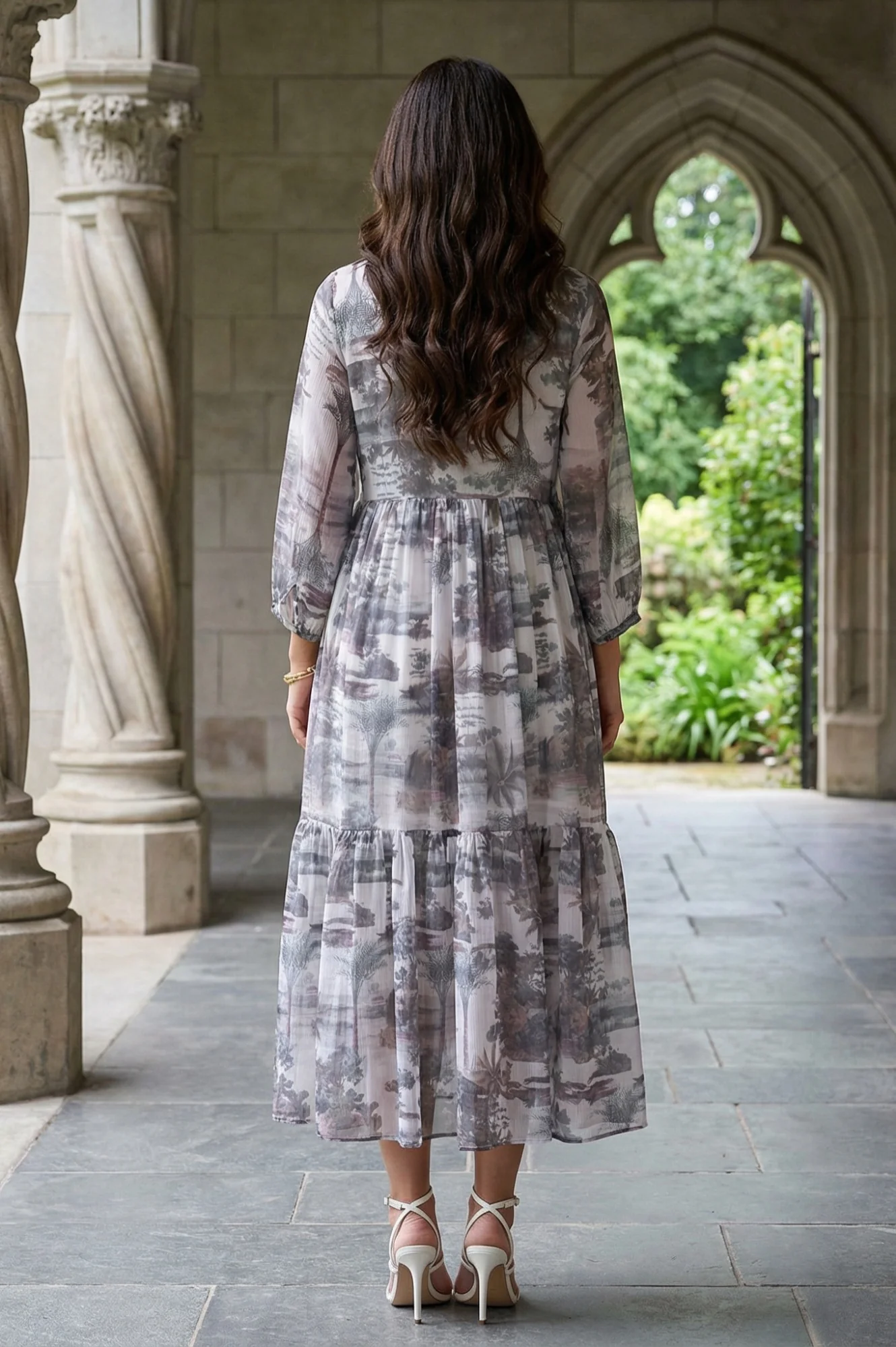 Grey Floral Printed Silver Chiffon Flared Dress - Image 5