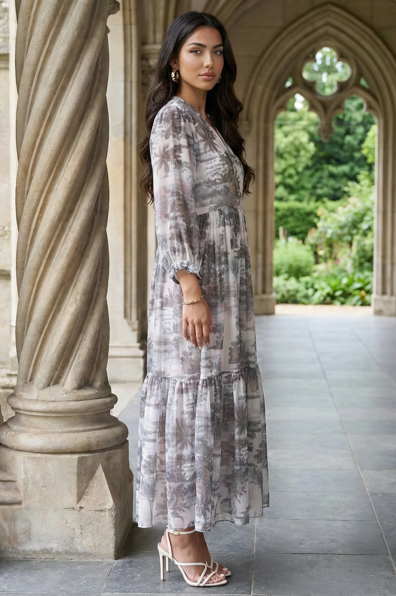 Grey Floral Printed Silver Chiffon Flared Dress - Image 6