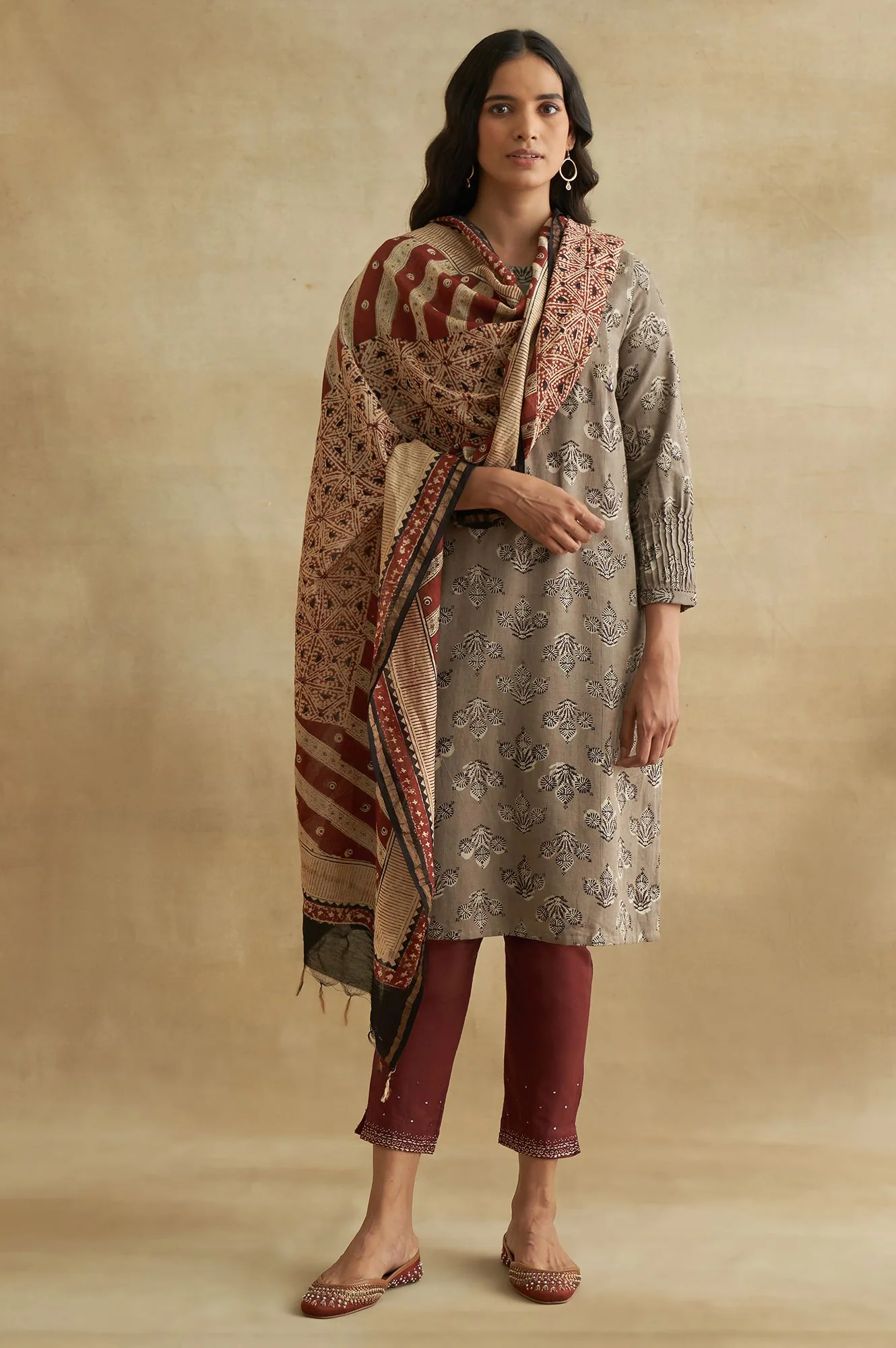 Grey Handblock Print Cotton Flax kurta - Image 5