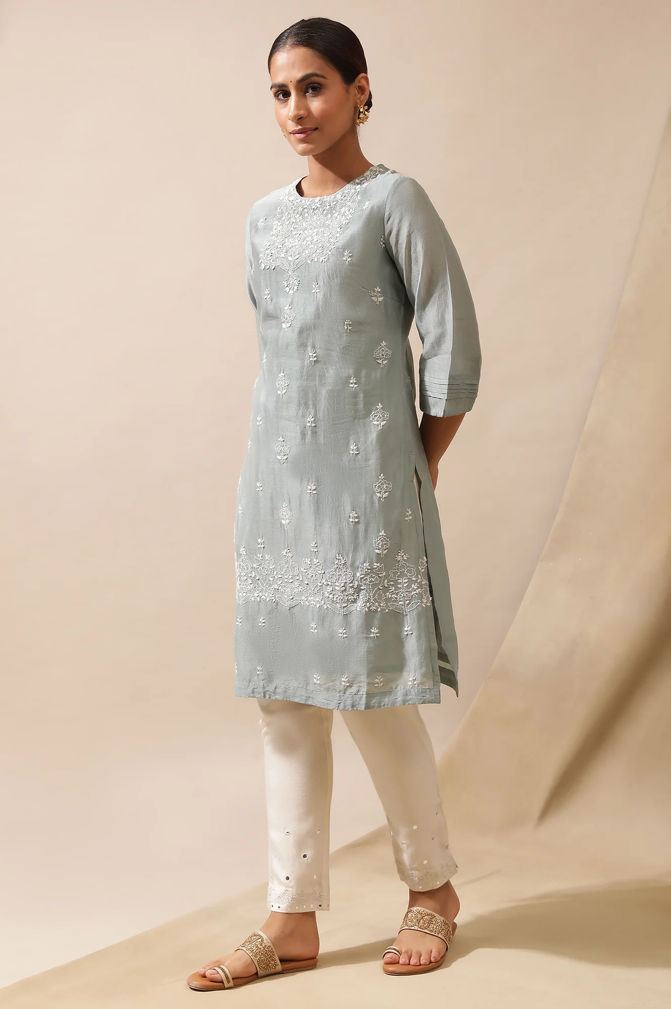 Grey Mist Cotton Silk Chikankari Kurta - Image 2