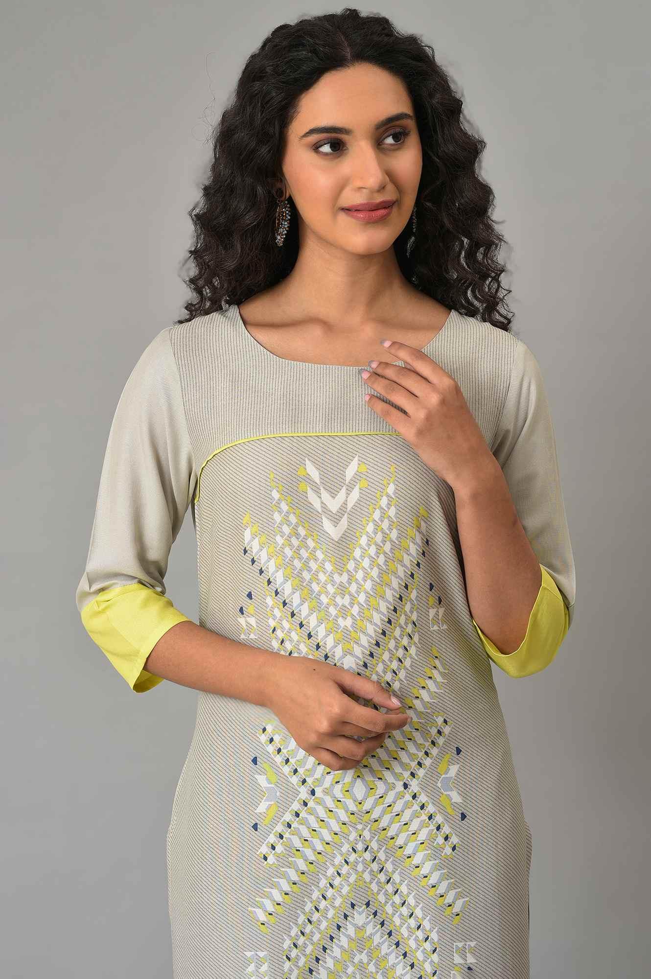 Grey Placement Print Plus Size Straight kurta - Image 5