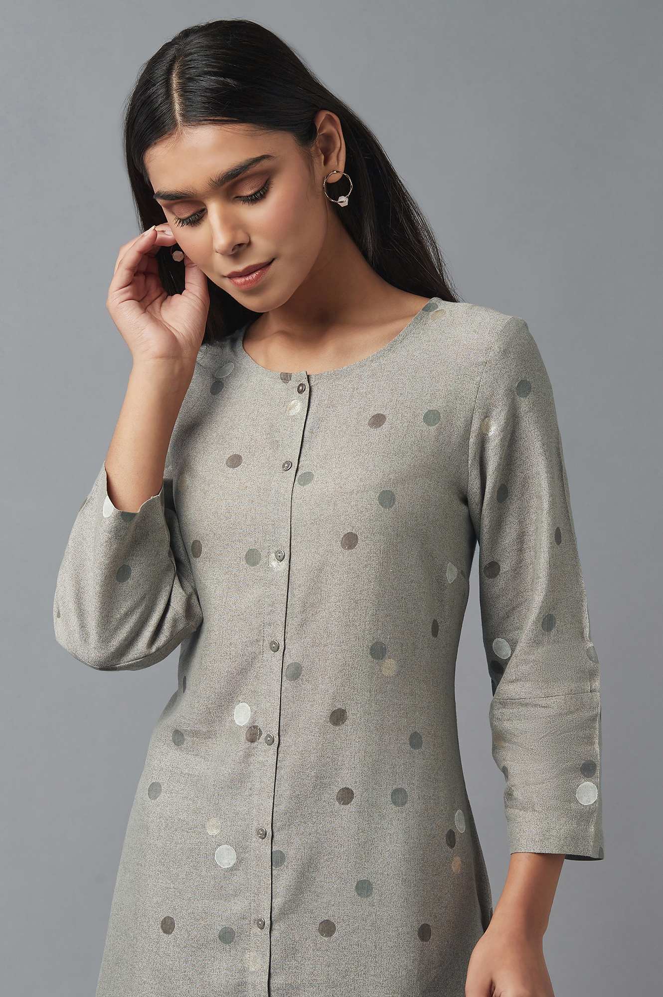 Grey Polka Dots Rayon Flax A-Line Kurta and Slim Pant Set - Image 2