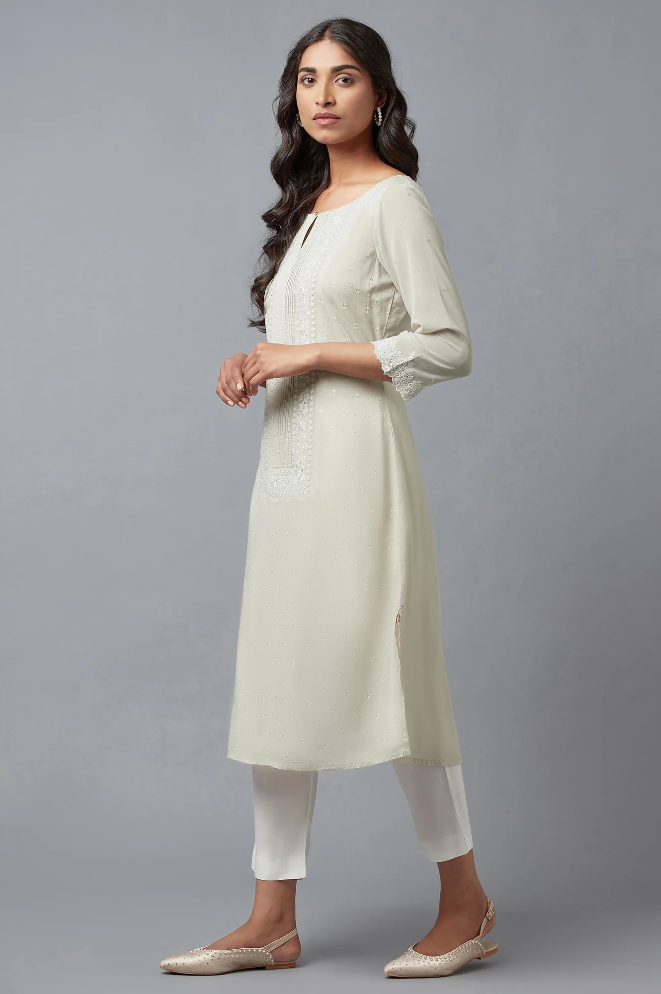 Grey Printed A-Line kurta - Image 3