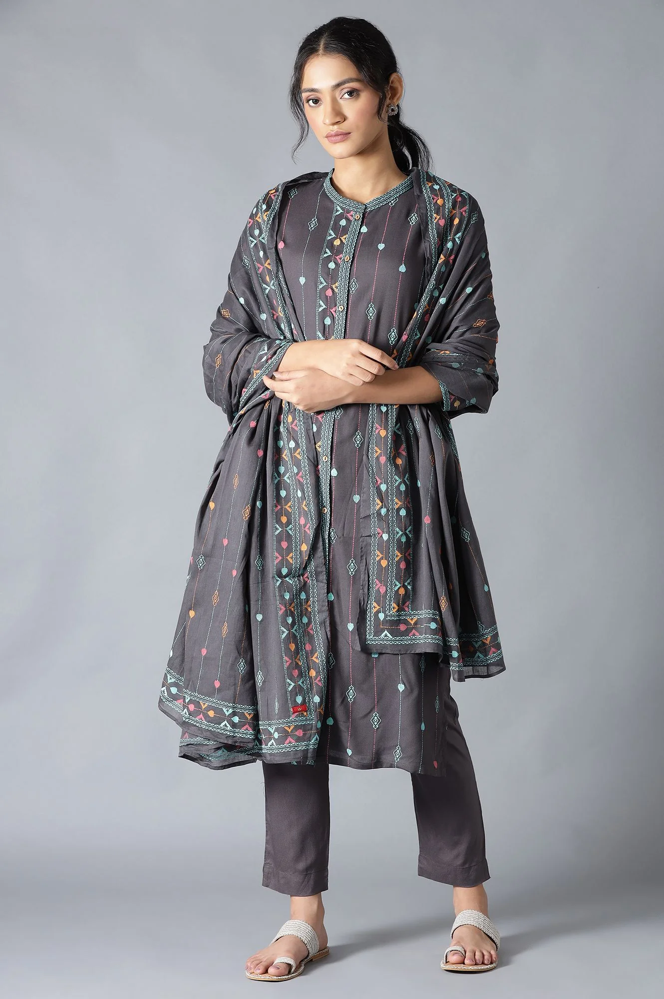 Grey Geometric Printed Cotton Voile Dupatta - Image 2