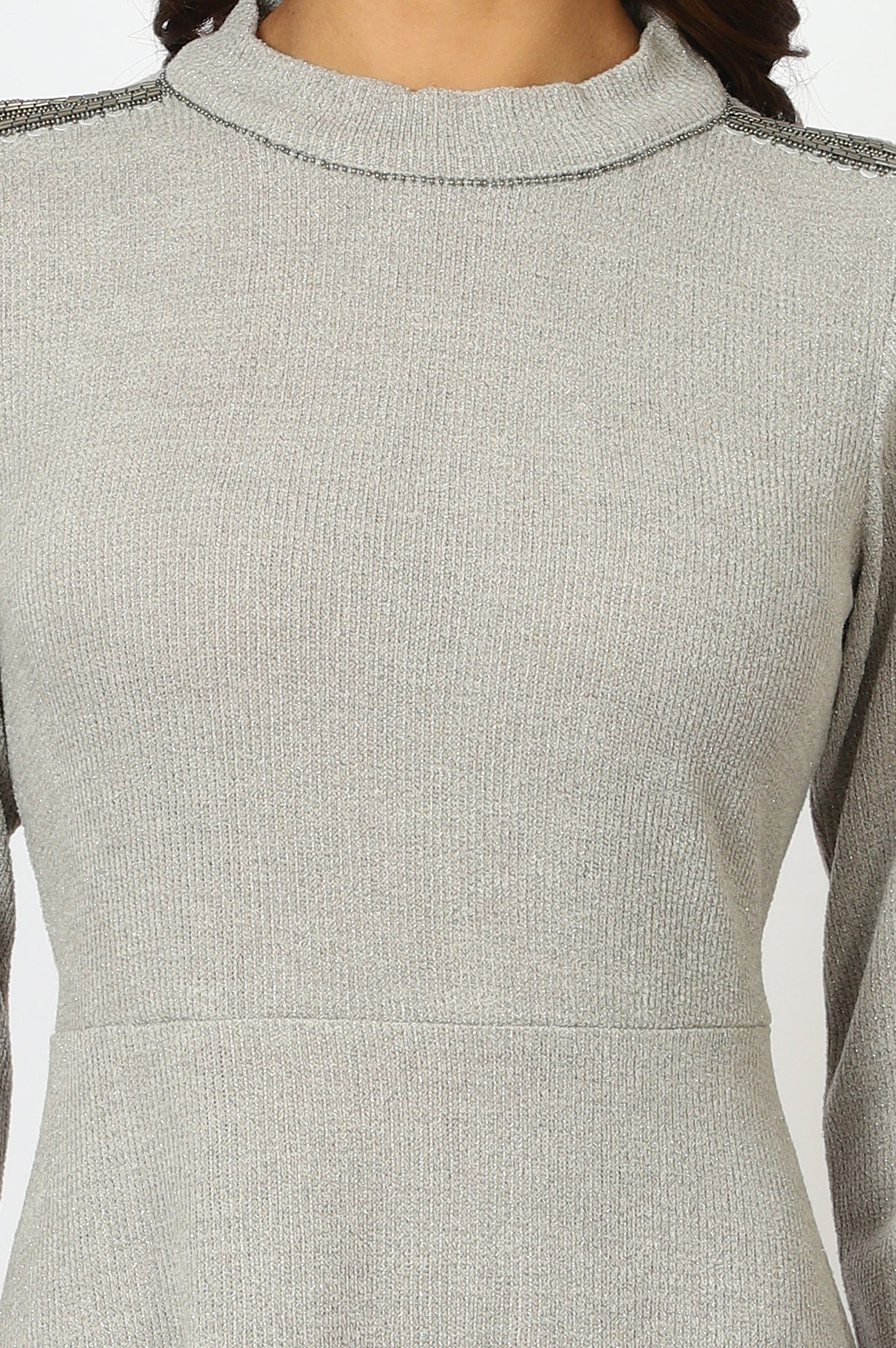 Grey Solid Metallic Hardware Flarred Dresses - Image 3
