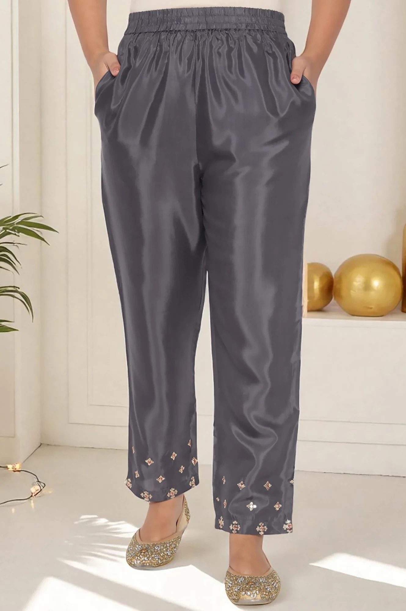 Grey Solid Printed Shantung Straight Kurta, Straight Pant and Dupatta Set - Image 6
