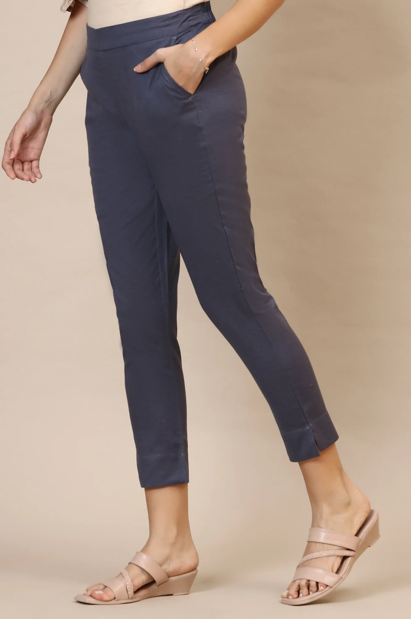 Grey Solid Slim Fit Cotton Trousers With Elasticated Waist - Image 2