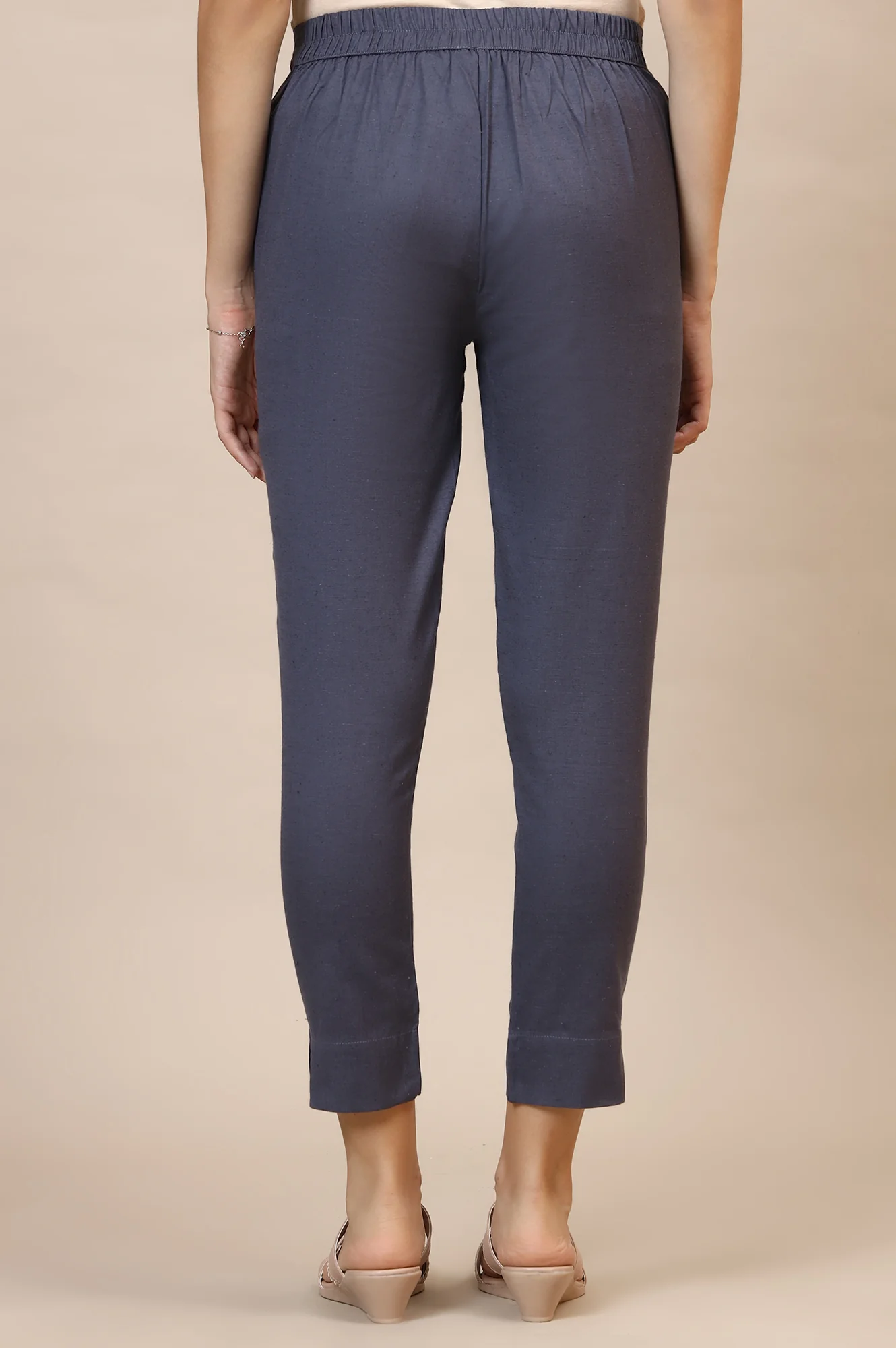 Grey Solid Slim Fit Cotton Trousers With Elasticated Waist - Image 3