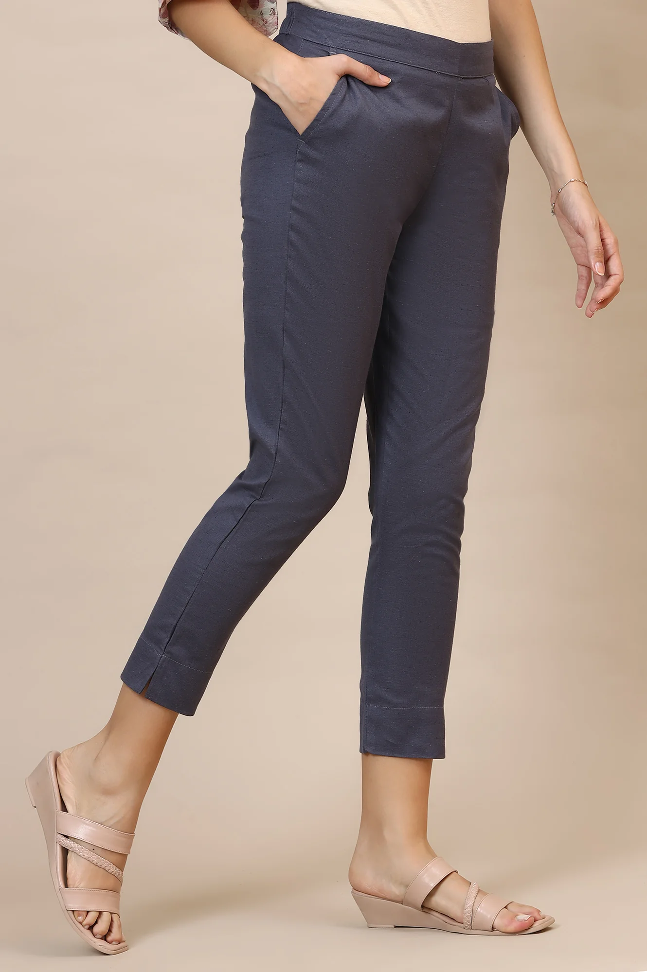 Grey Solid Slim Fit Cotton Trousers With Elasticated Waist - Image 4