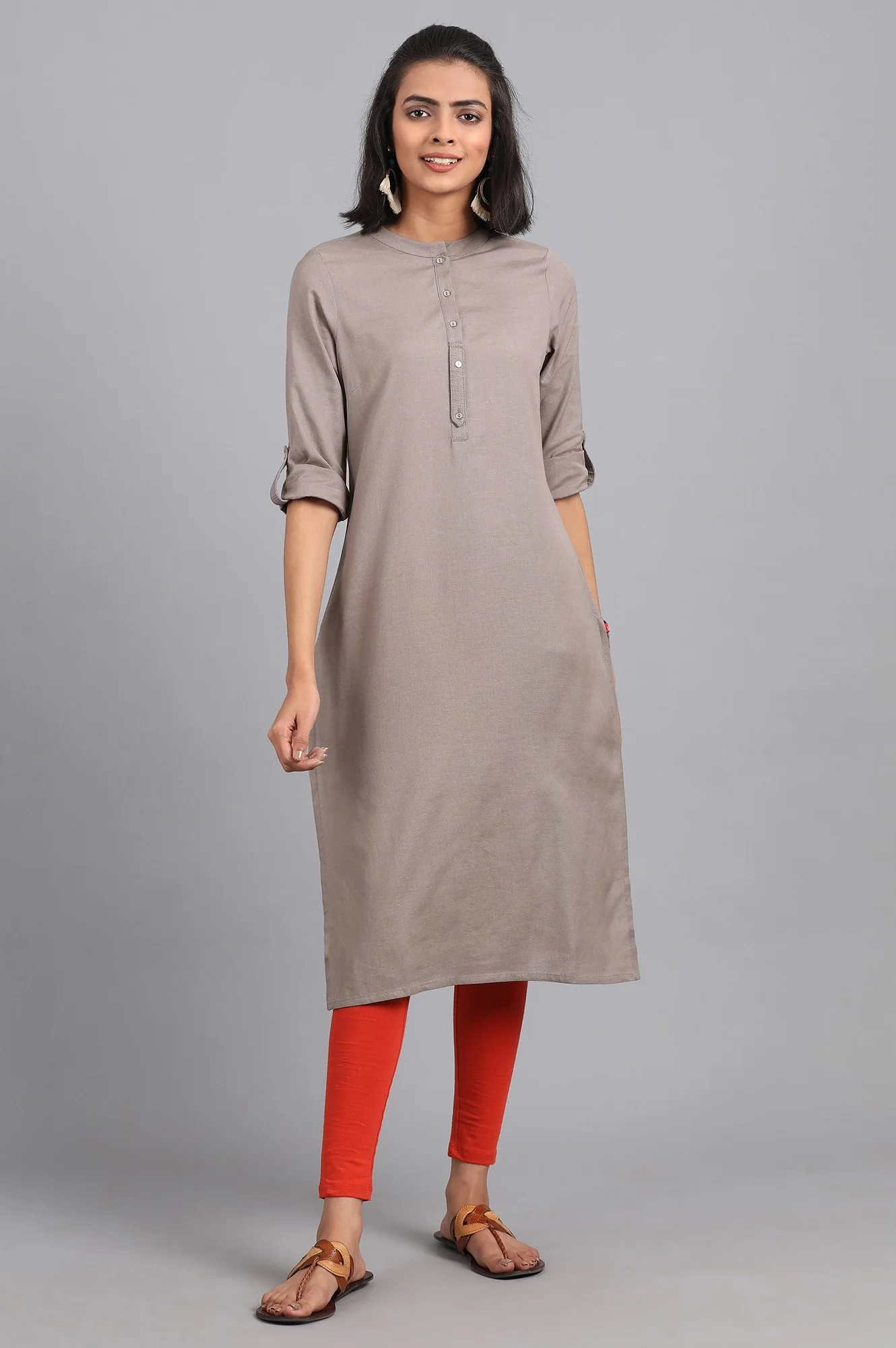 Grey Solid Straight Cotton Kurta - Image 2