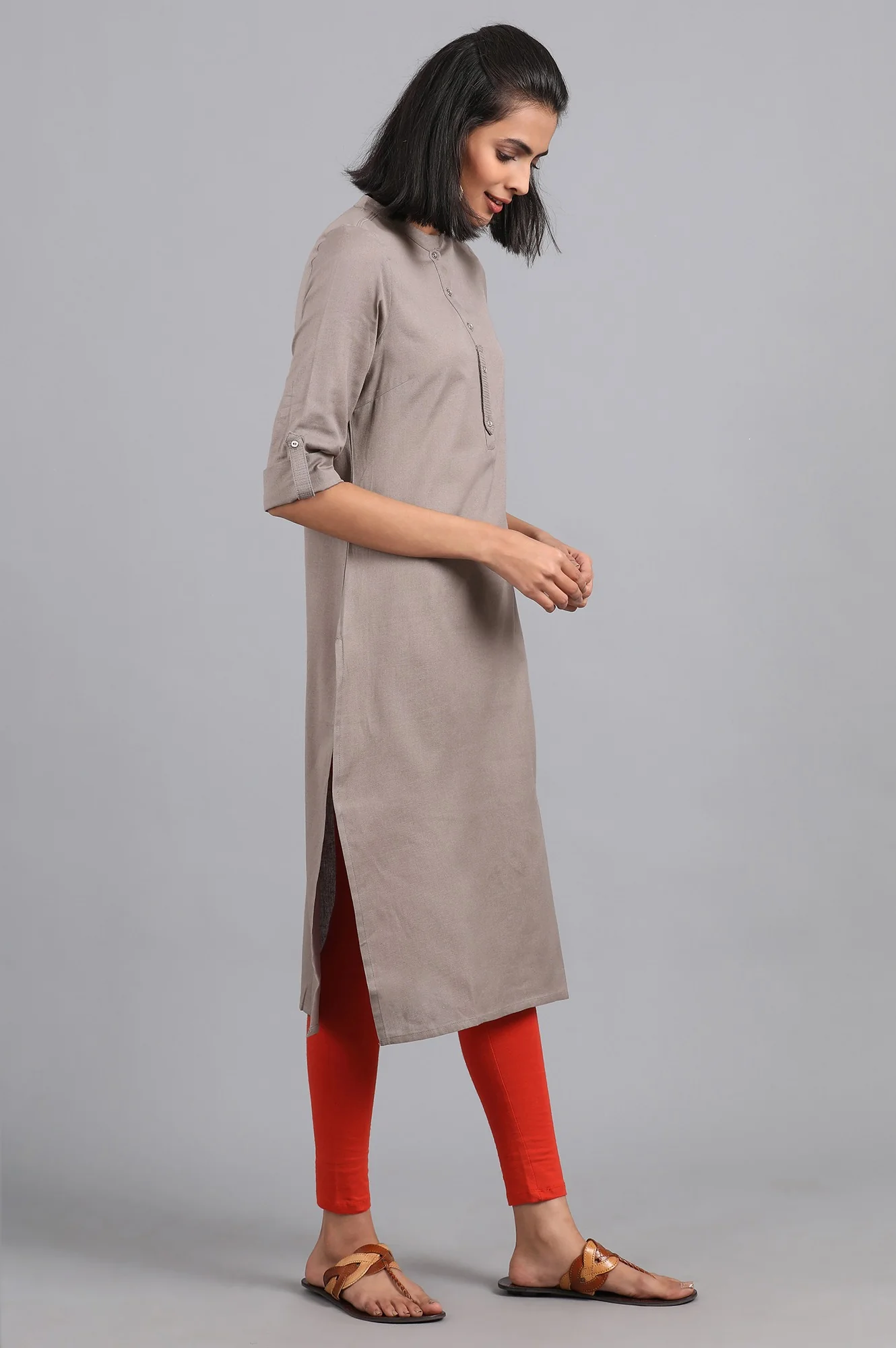 Grey Solid Straight Cotton Kurta - Image 4