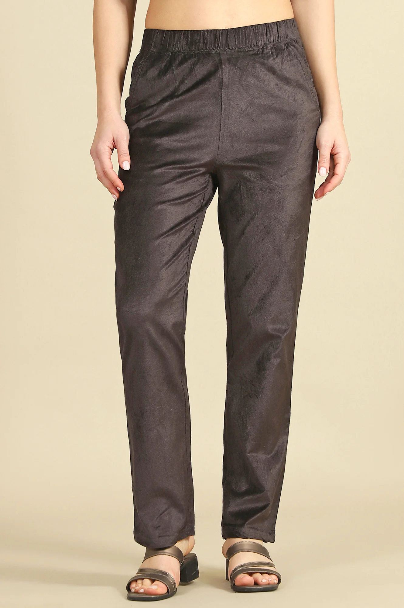Brown Solid Straight-fit Cotton Pants with Slip-On Closure - Image 2