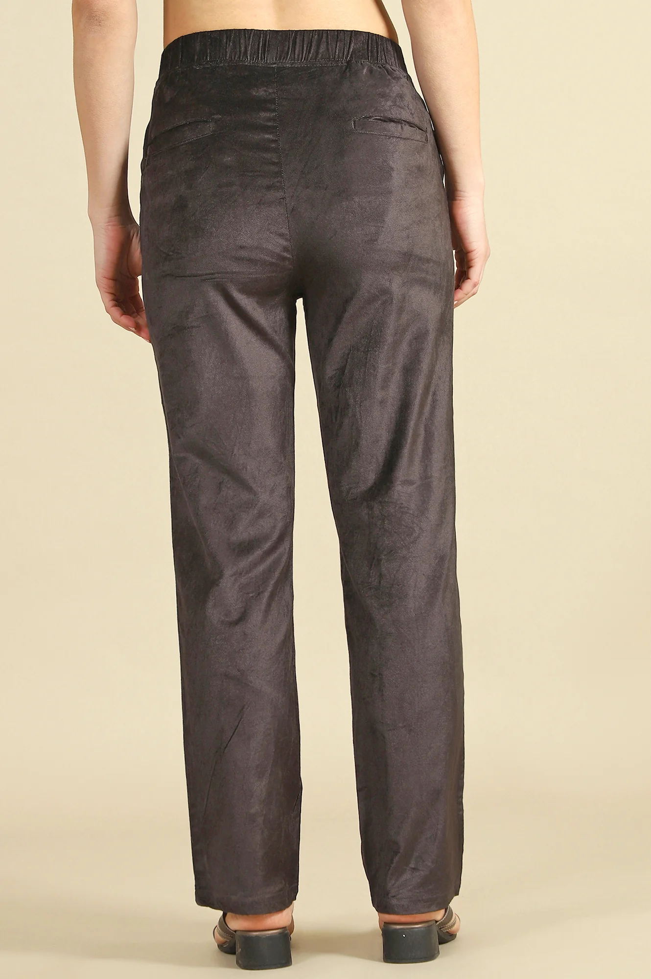 Brown Solid Straight-fit Cotton Pants with Slip-On Closure - Image 5