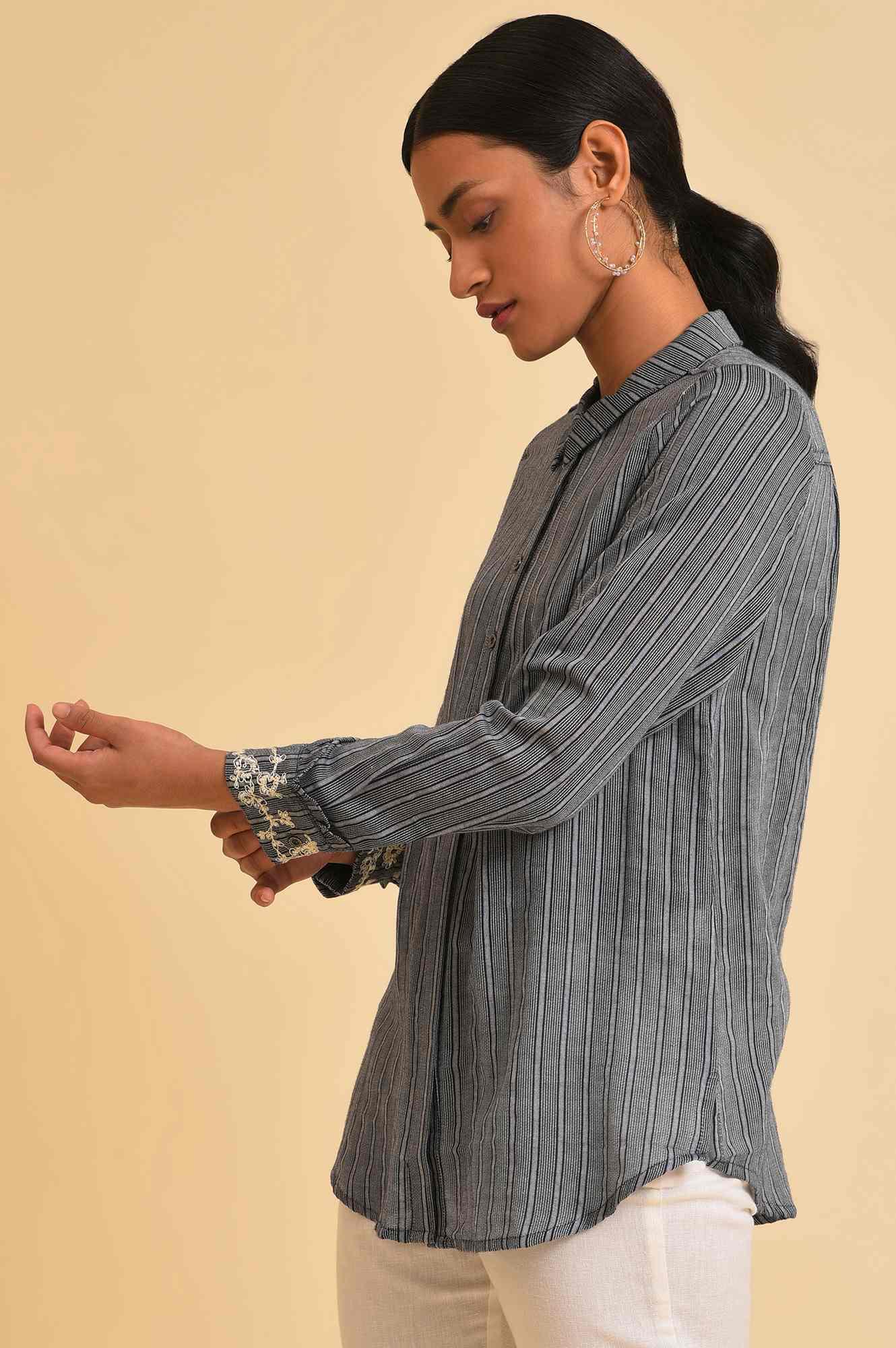 Grey Yarn Dyed Stripe Shirt - Image 3