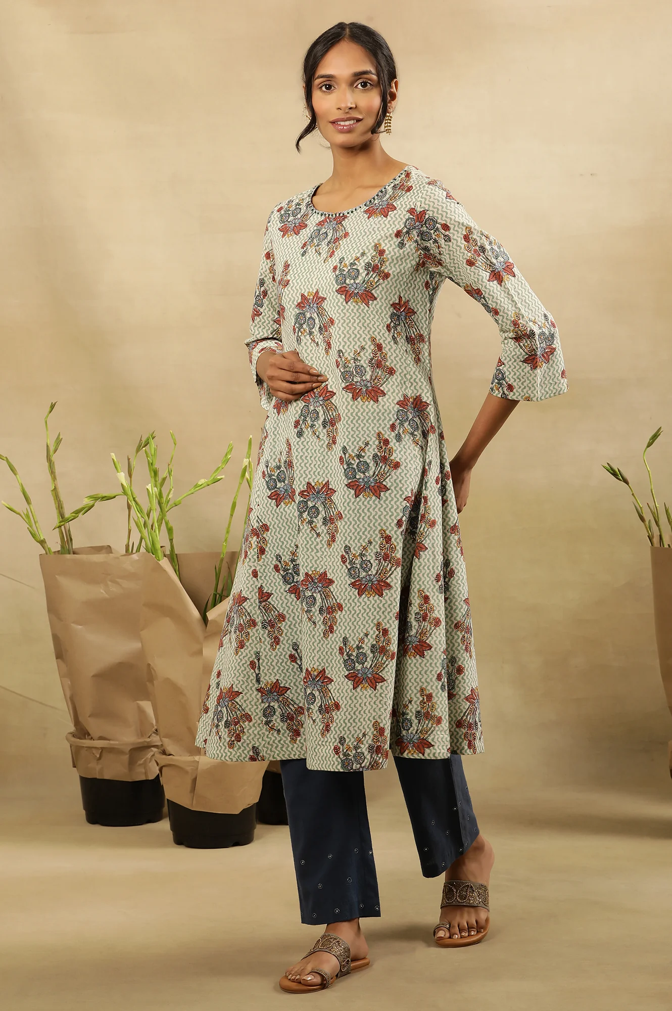 Hand Block Print A-Line Kurta In Cotton Voile - Image 3