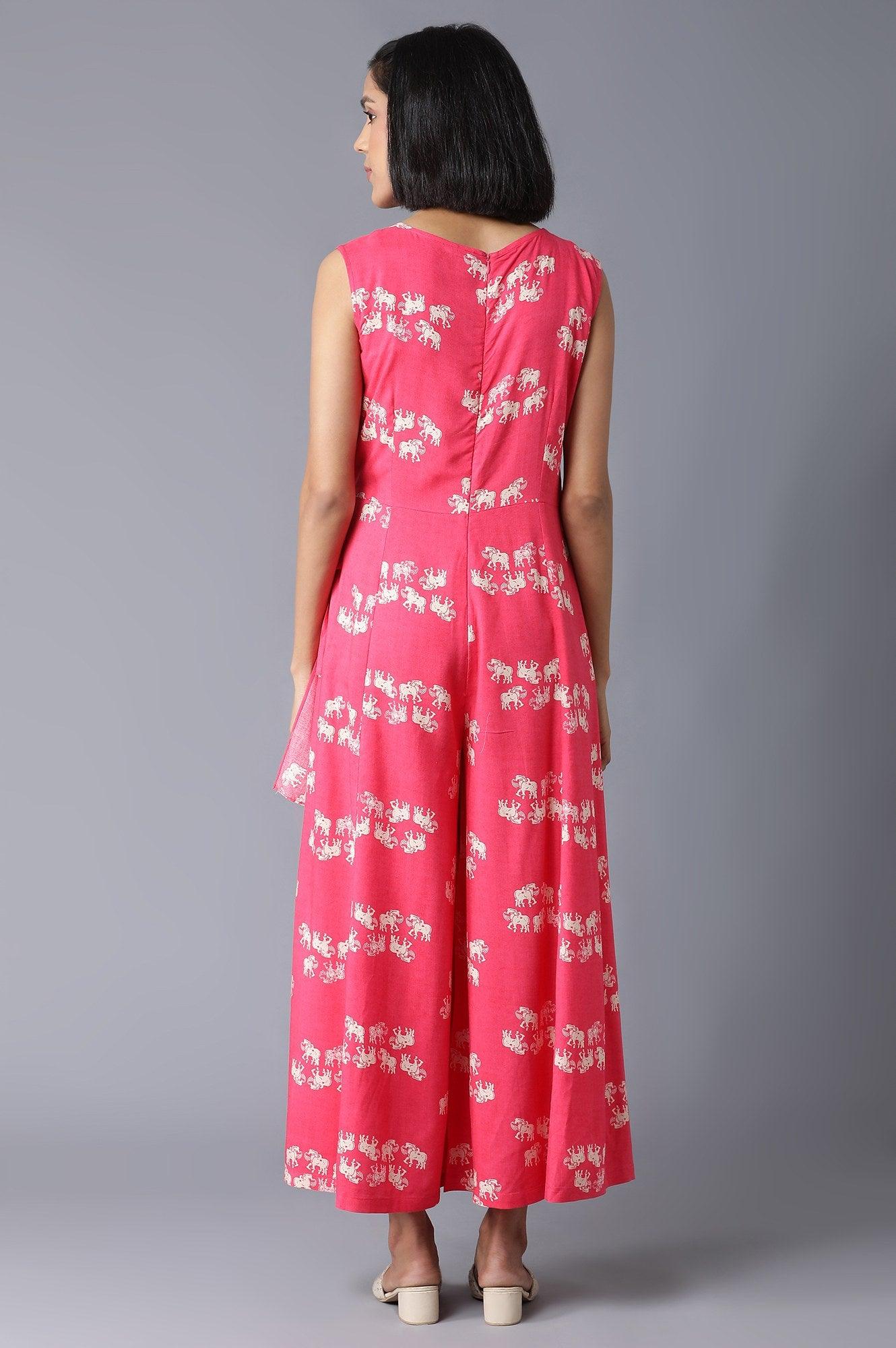 Hot Pink Sleeveless Angrakha Jumpsuit In Round Neck - Image 2