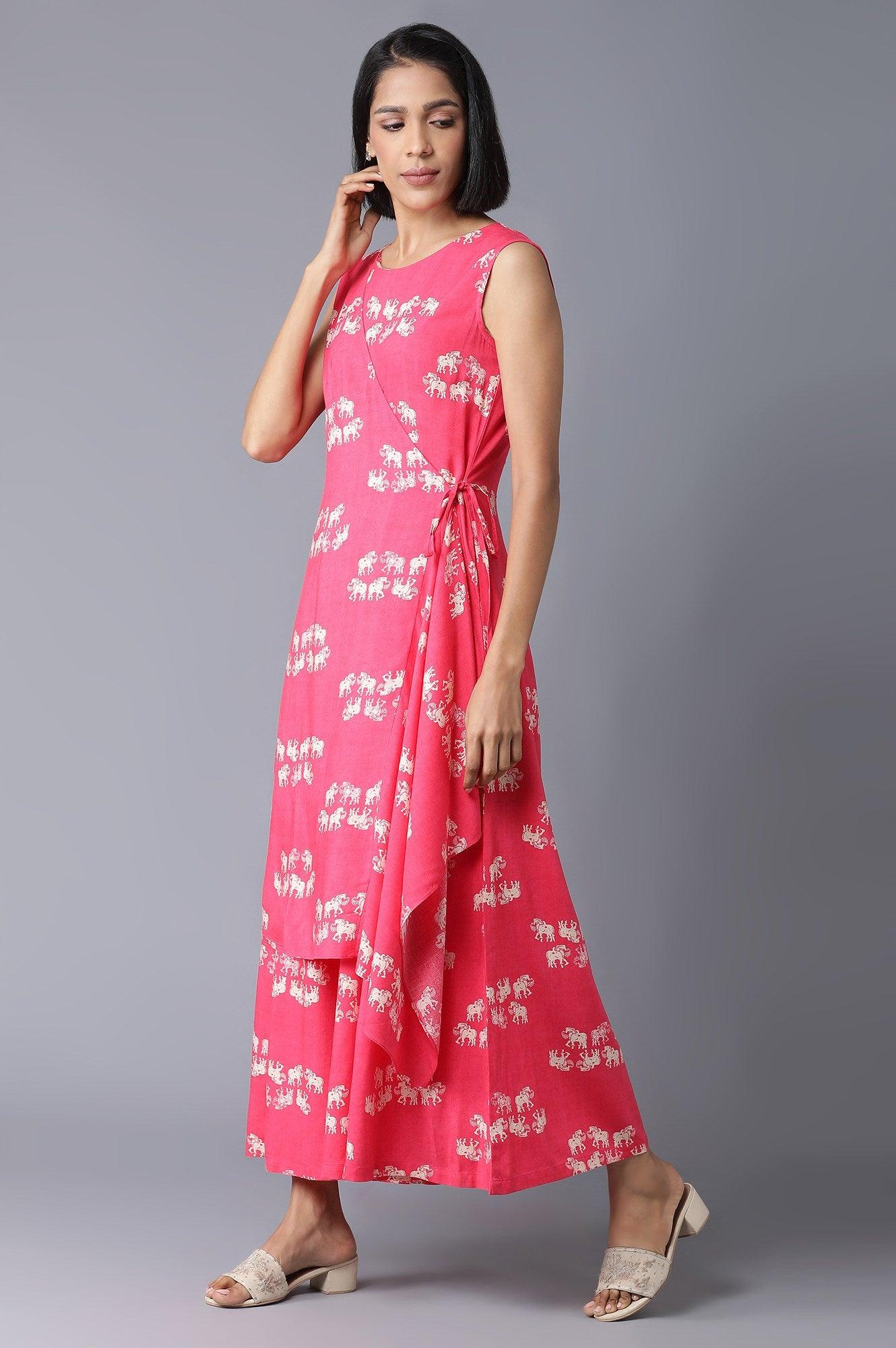 Hot Pink Sleeveless Angrakha Jumpsuit In Round Neck - Image 3
