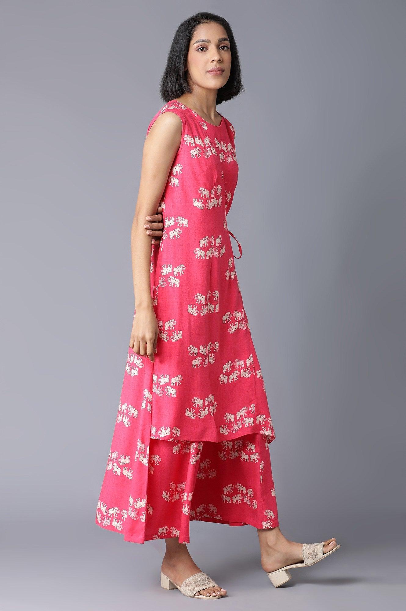 Hot Pink Sleeveless Angrakha Jumpsuit In Round Neck - Image 4