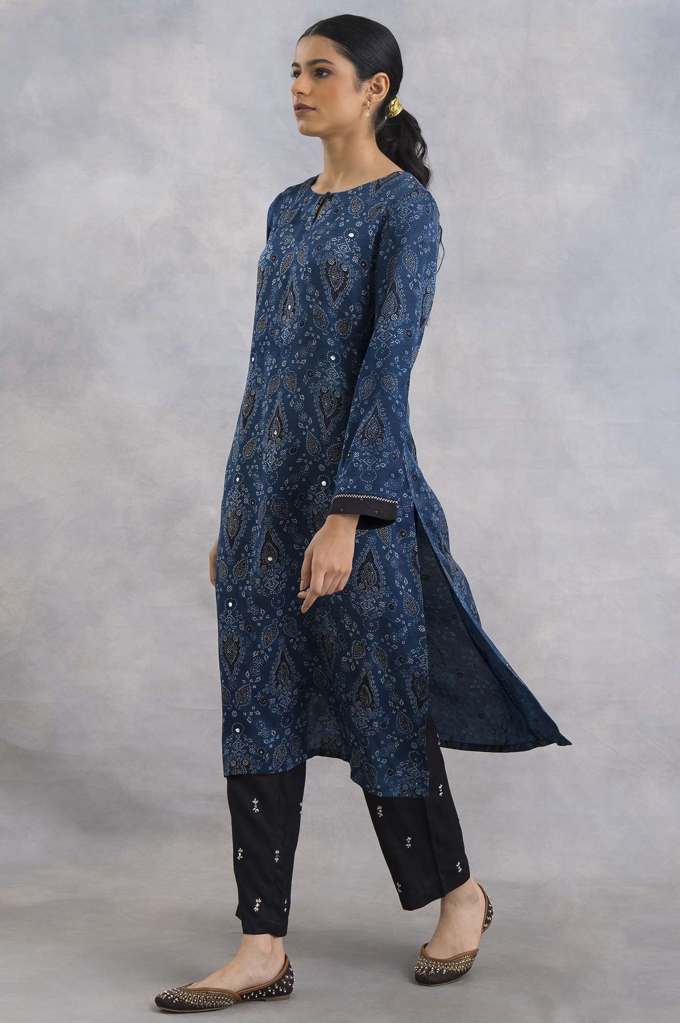 Indigo Ajrakh Print kurta In Lustrous Satin - Image 3
