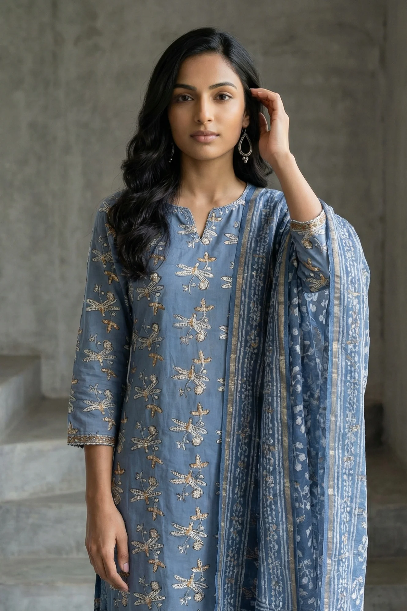 Indigo Blue Block Printed Cotton Silk Kota Dupatta with Zari Border