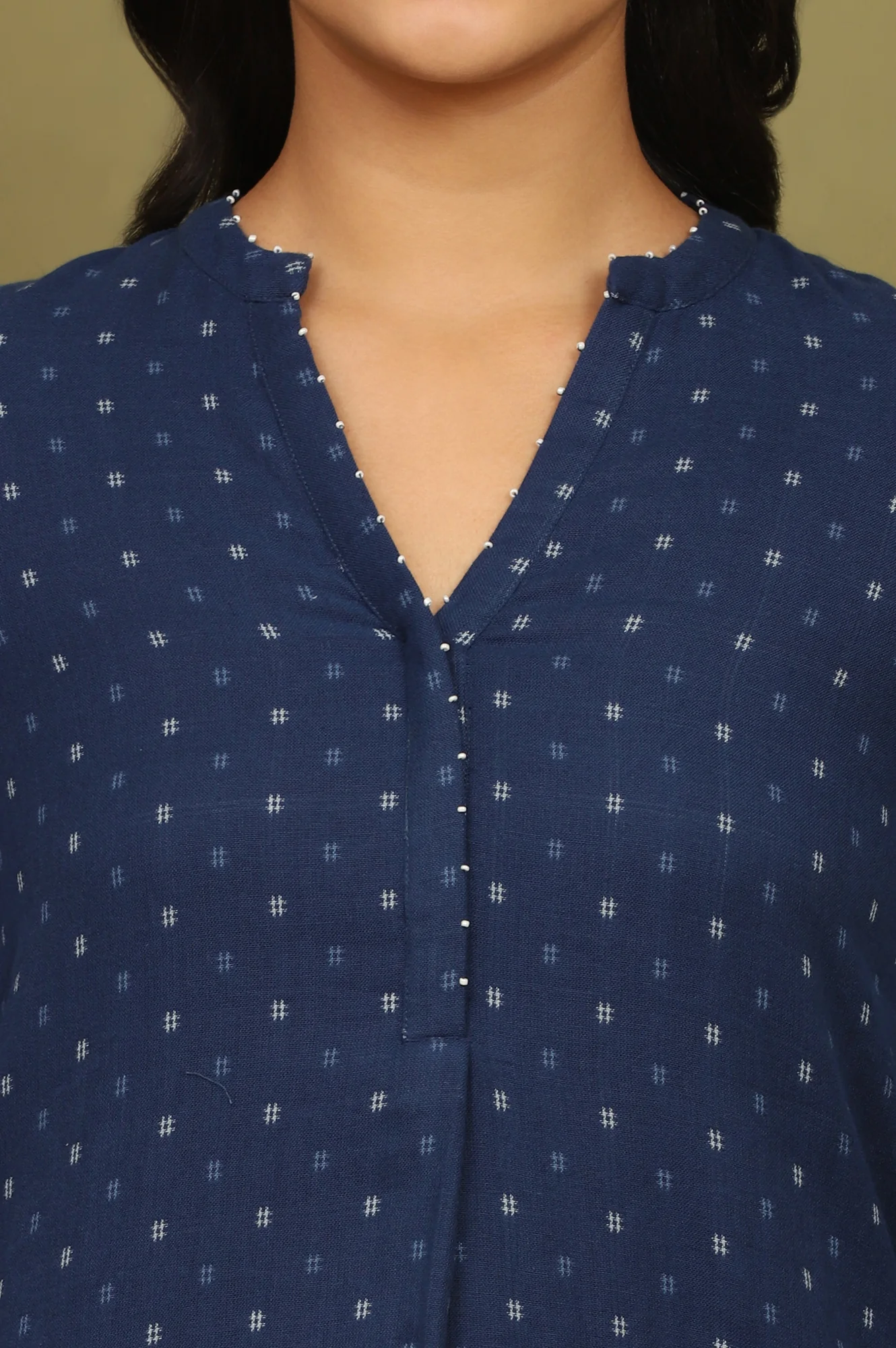Indigo Blue Yarn Dyed Pure Cotton Top with Beads - Image 4