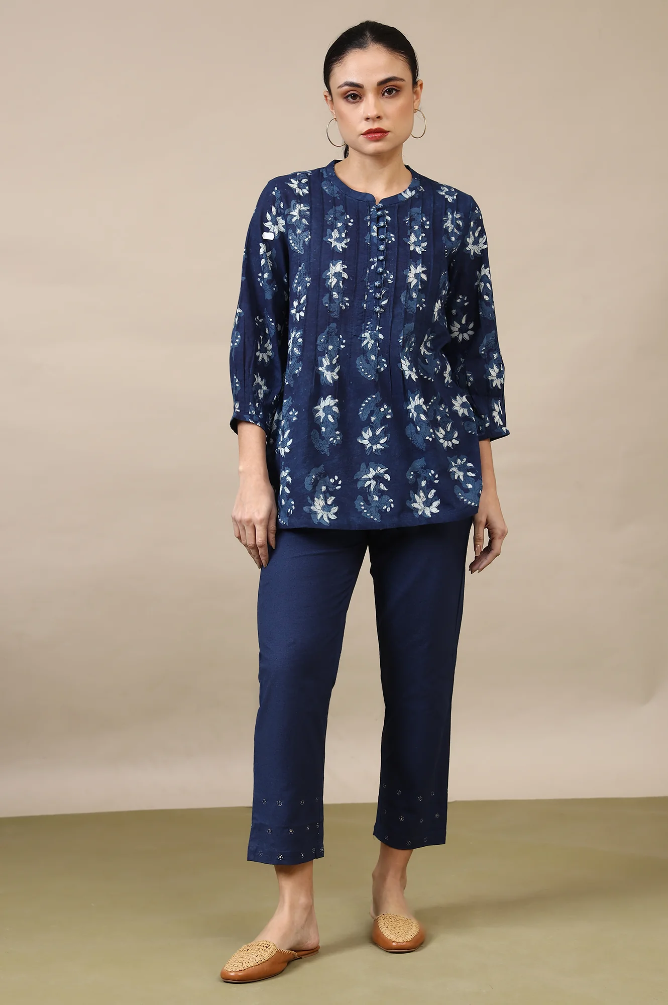 Indigo Dabu Printed Pintuck Top - Image 3