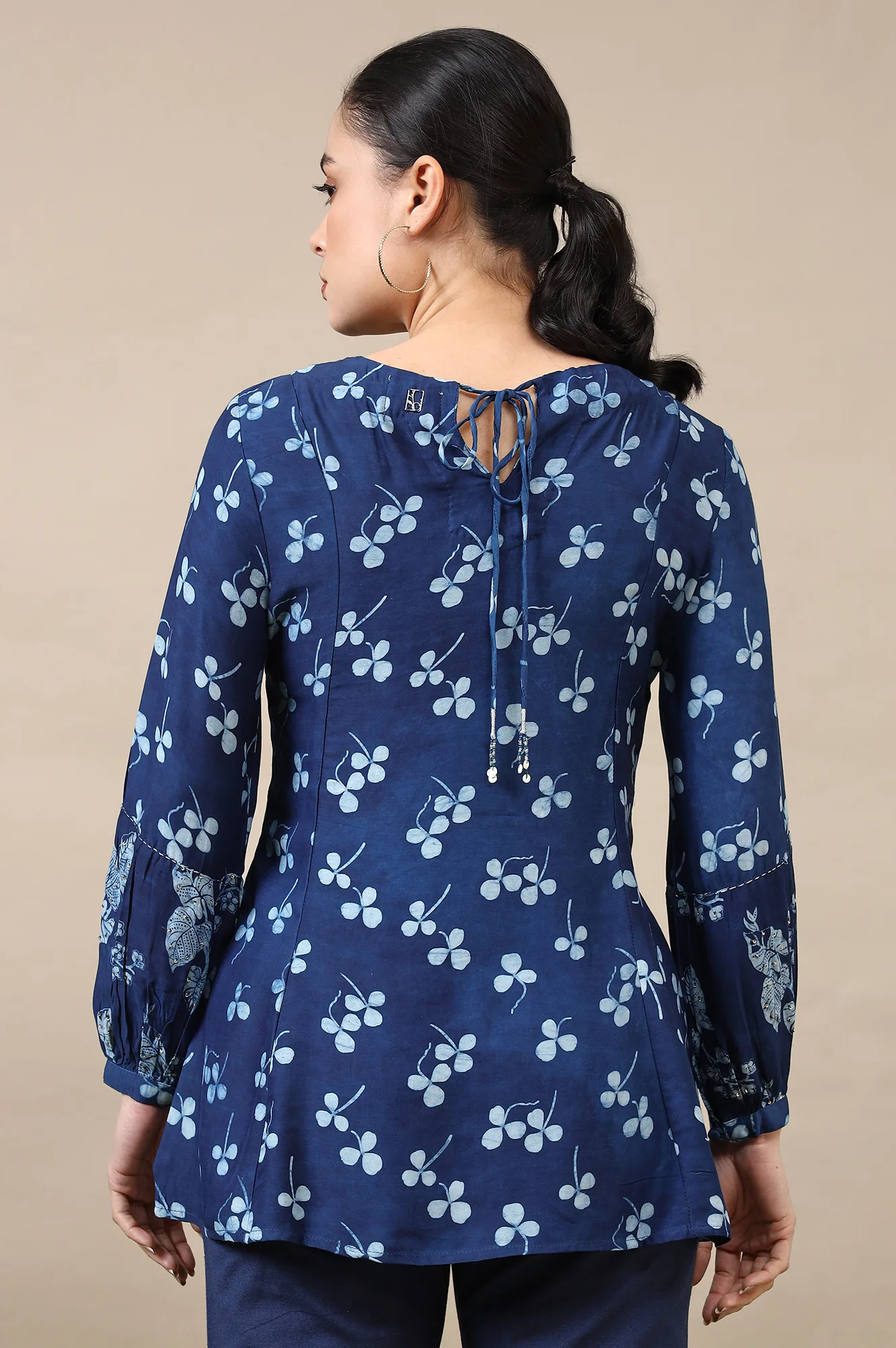 Indigo Dabu Printed Top in Lustrous Modal Satin - Image 6