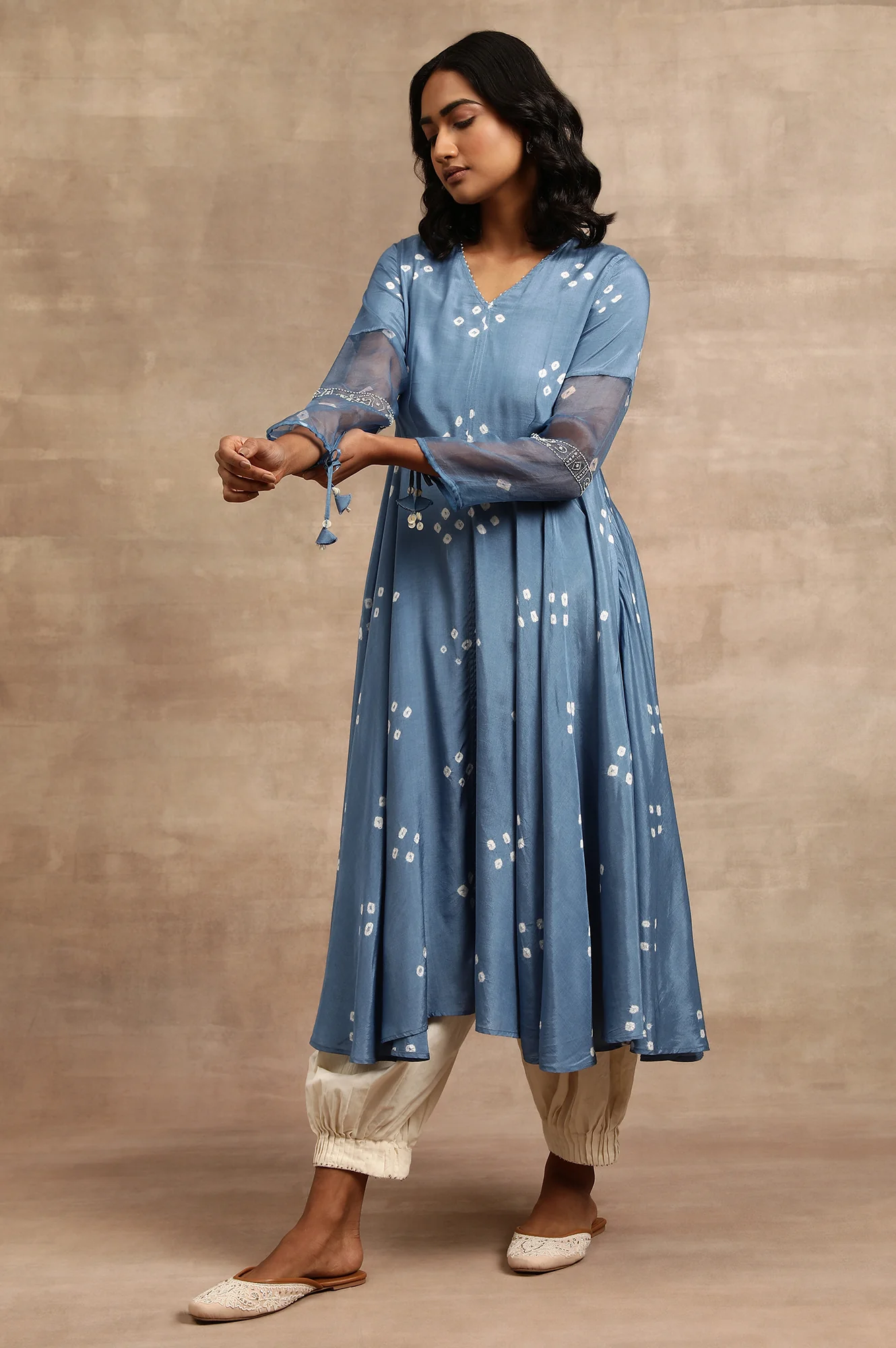 Indigo Hand Block Print Dress With Organza Sleeves - Image 3