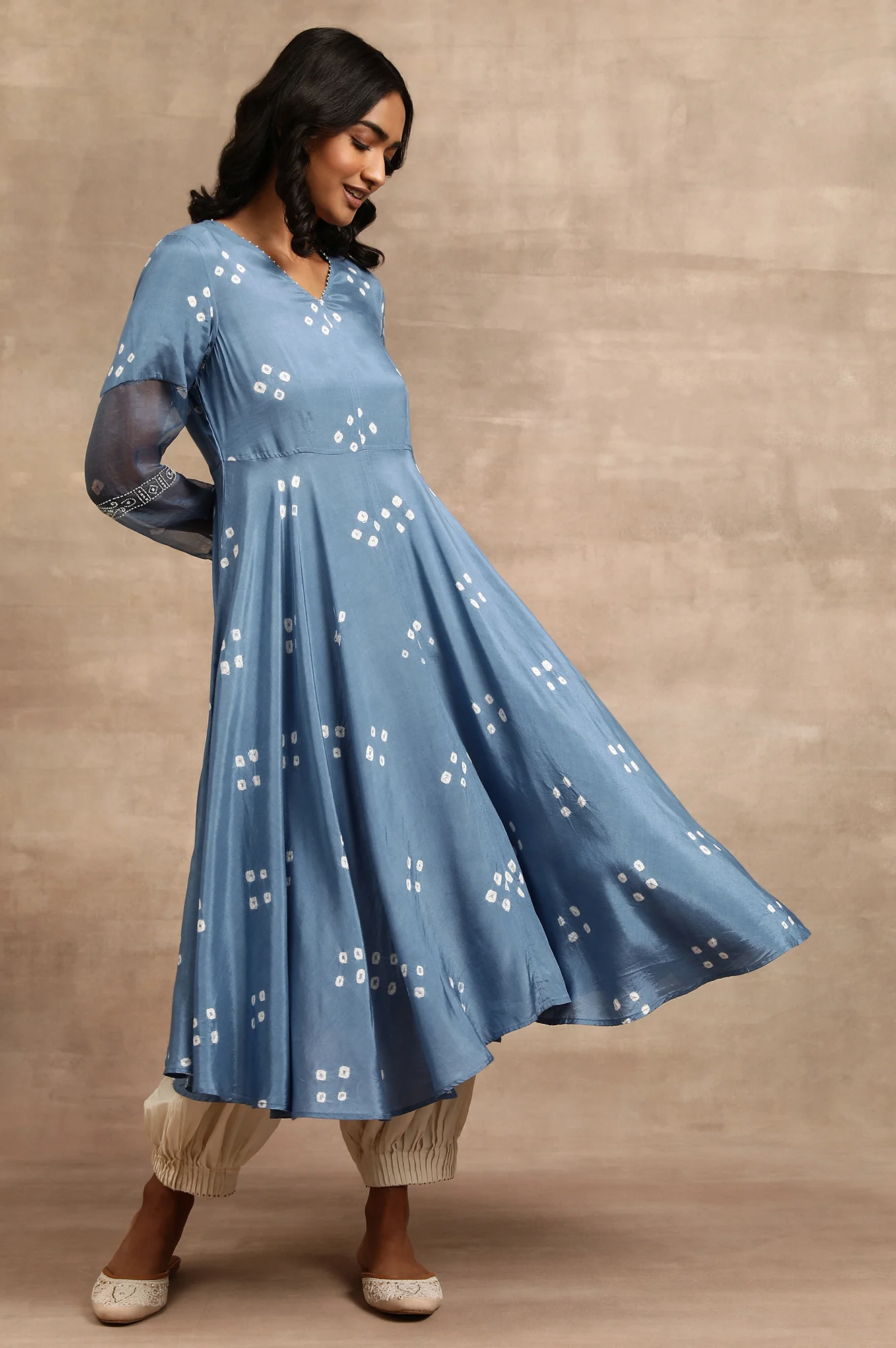 Indigo Hand Block Print Dress With Organza Sleeves - Image 4