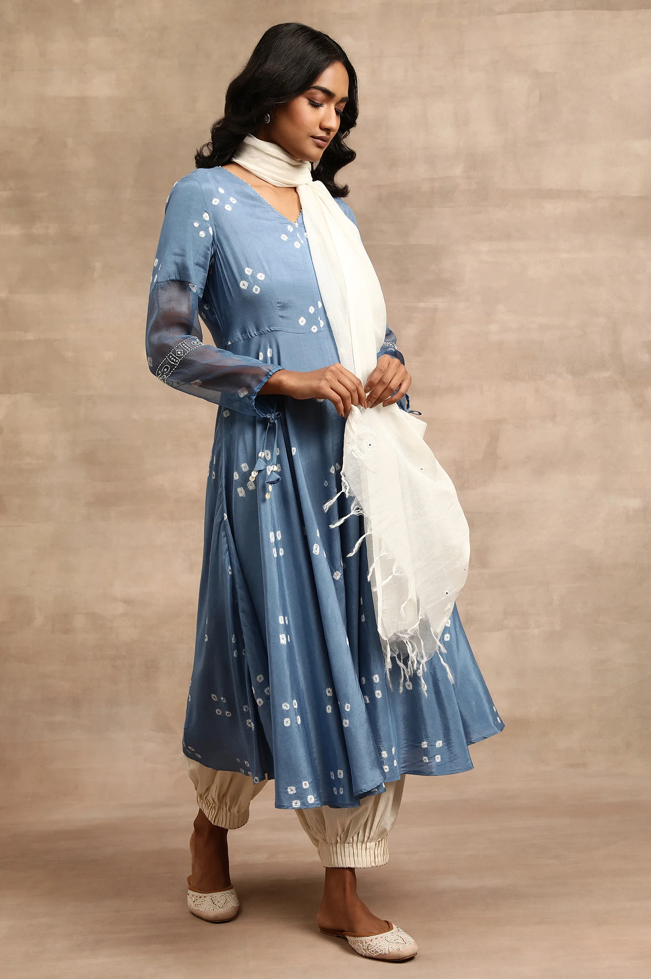 Indigo Hand Block Print Dress With Organza Sleeves - Image 5