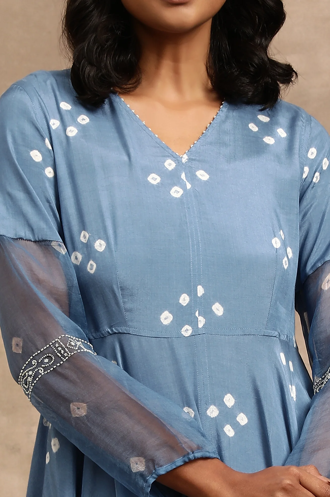 Indigo Hand Block Print Dress With Organza Sleeves - Image 7