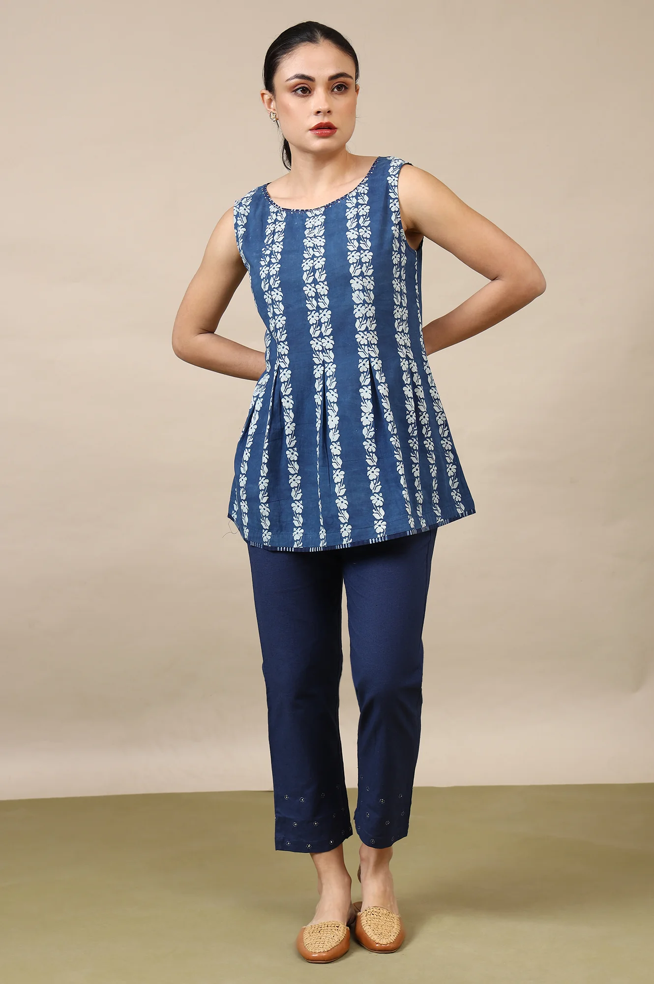 Indigo Handblock Border Print Sleveleess Top - Image 3