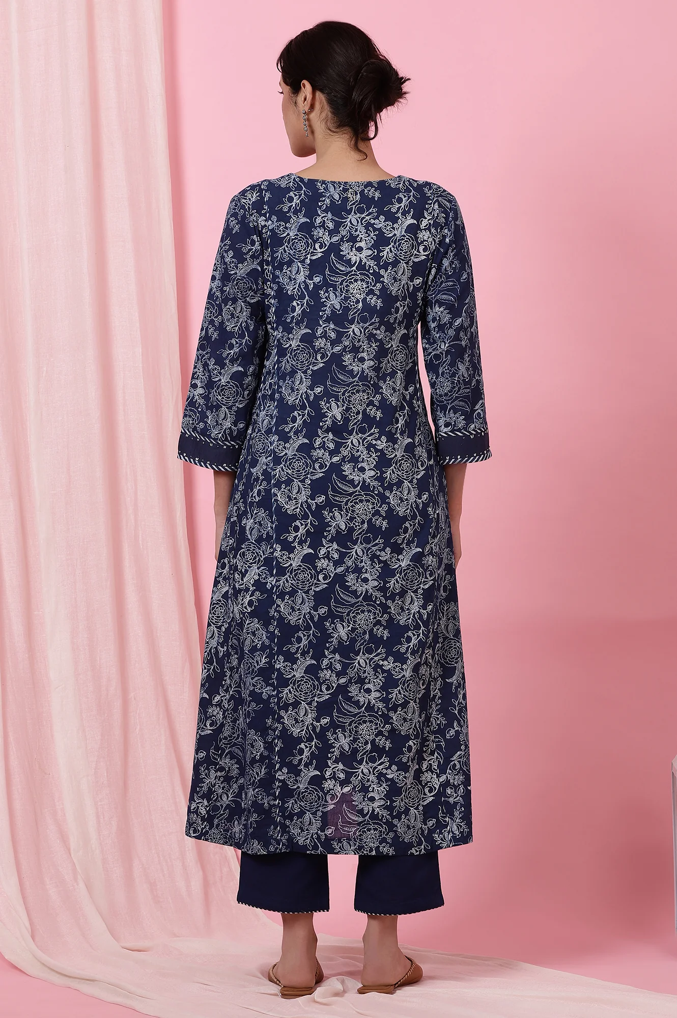 Indigo Handblock Print Flared Cotton Kurta - Image 6